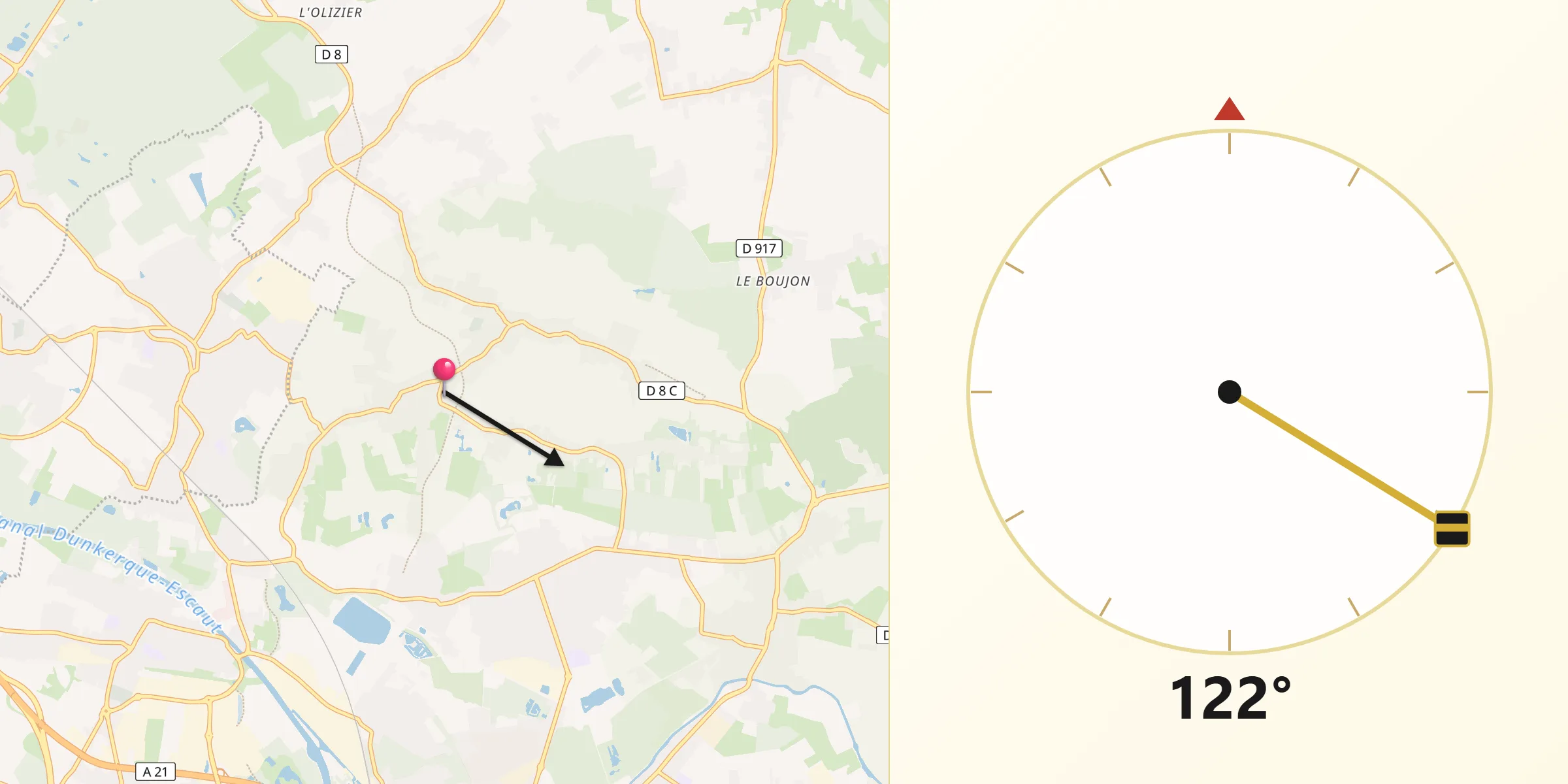 Direction vers la Qibla depuis Raimbeaucourt