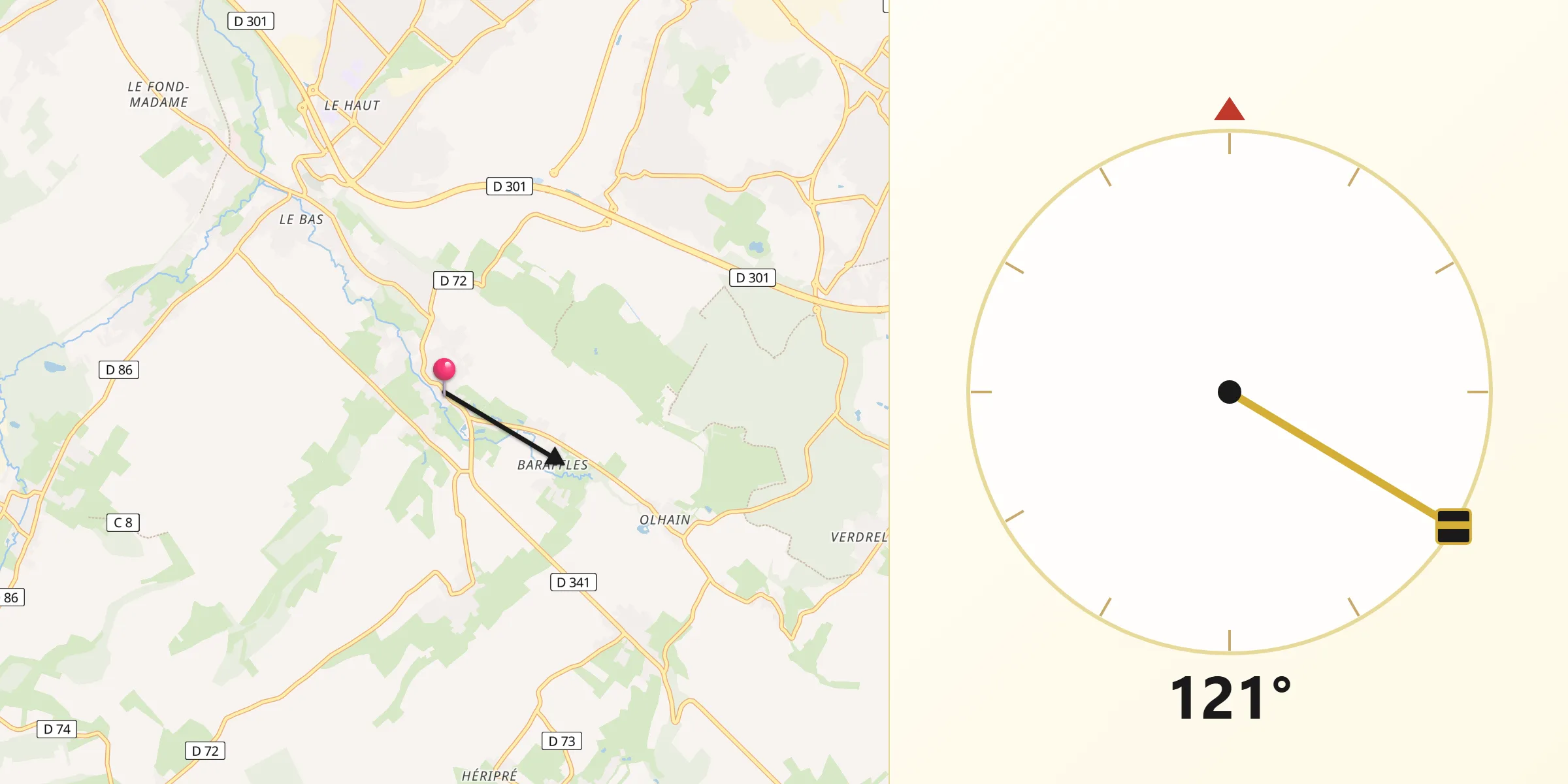 Direction vers la Qibla depuis Ranchicourt
