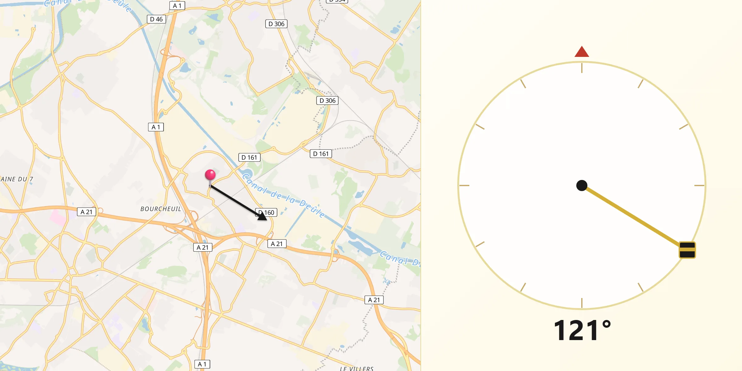 Direction vers la Qibla depuis Dourges