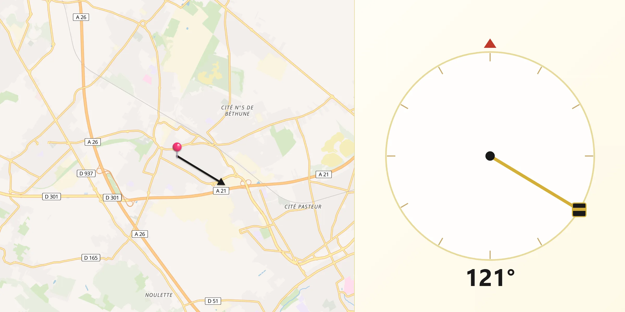 Direction vers la Qibla depuis Bully-les-Mines