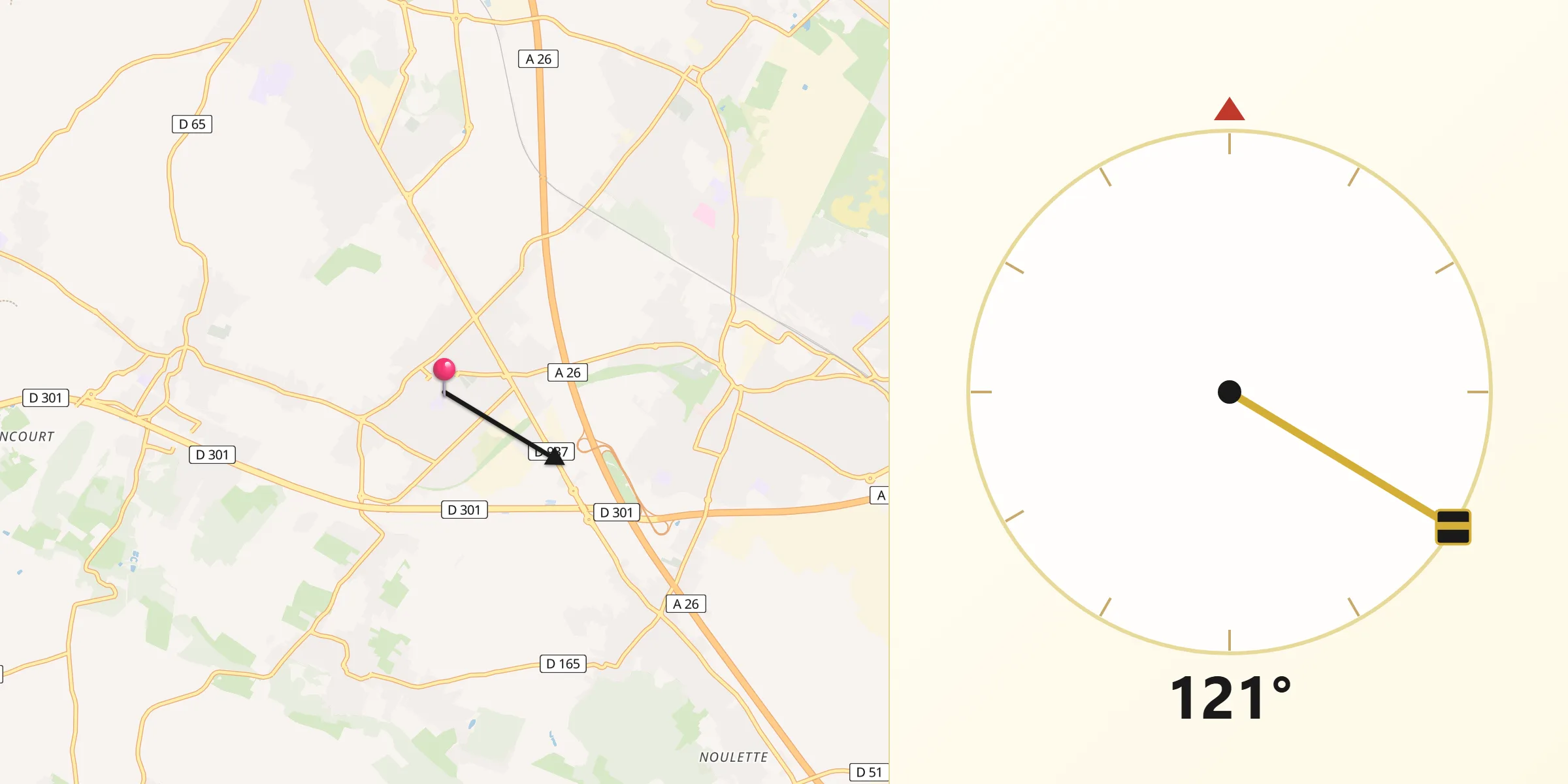 Direction vers la Qibla depuis Sains-en-Gohelle