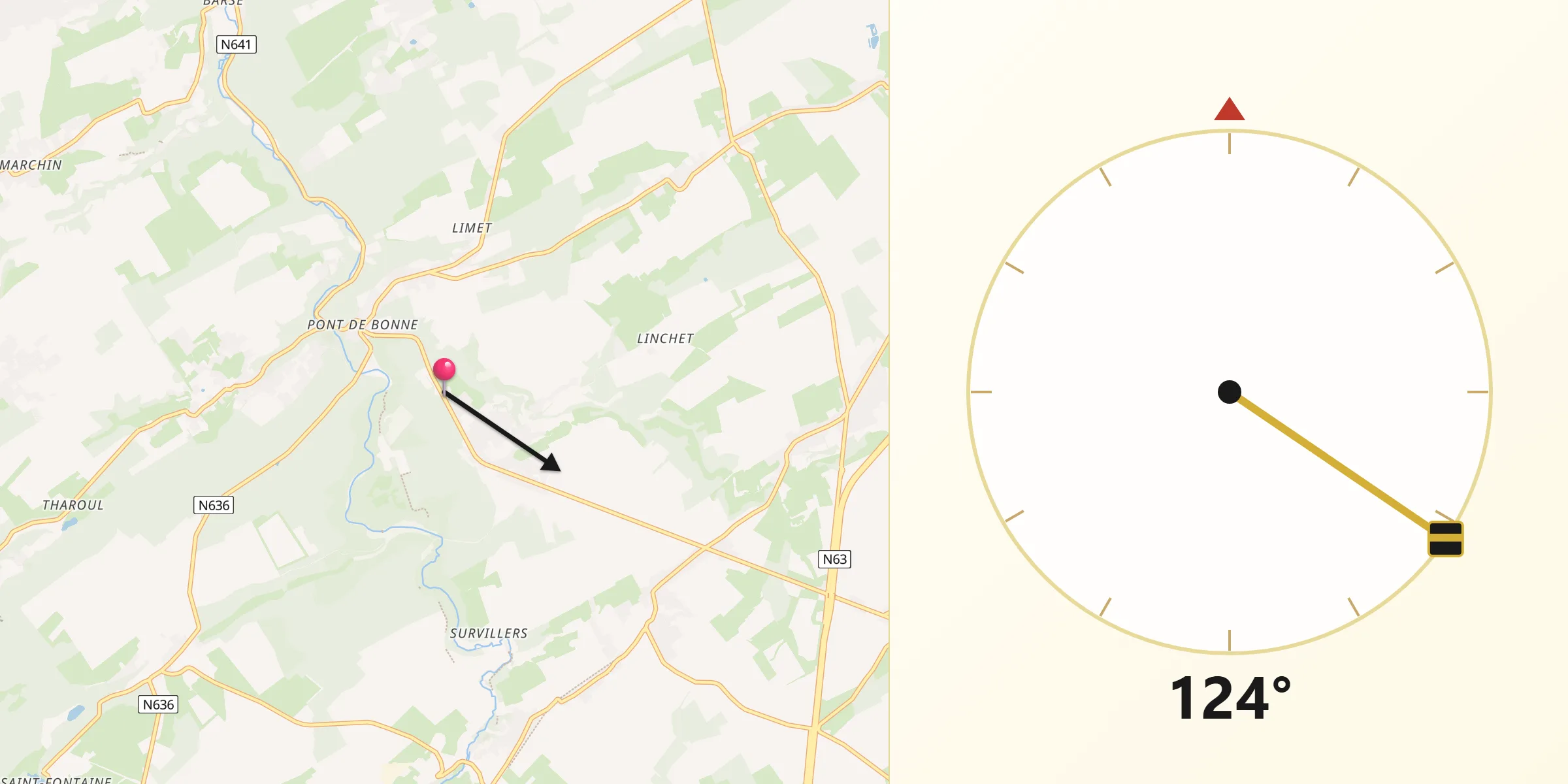 Direction vers la Qibla depuis Modave