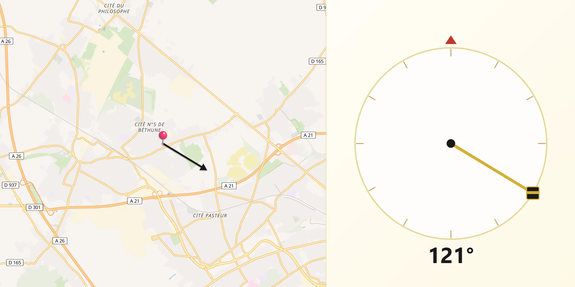 Direction vers la Qibla depuis Grenay