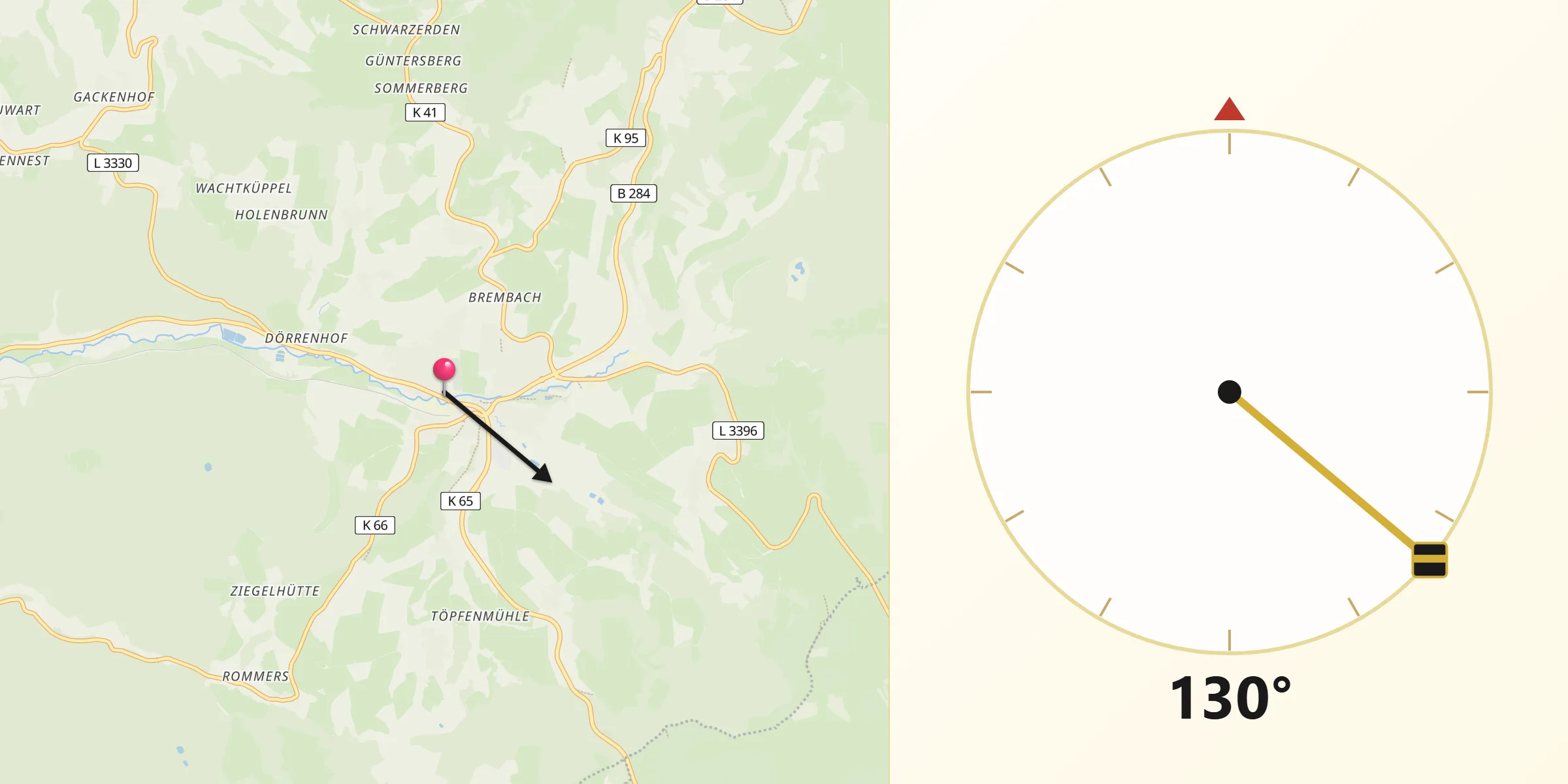 Qibla-Richtung von Gersfeld (Rhön)