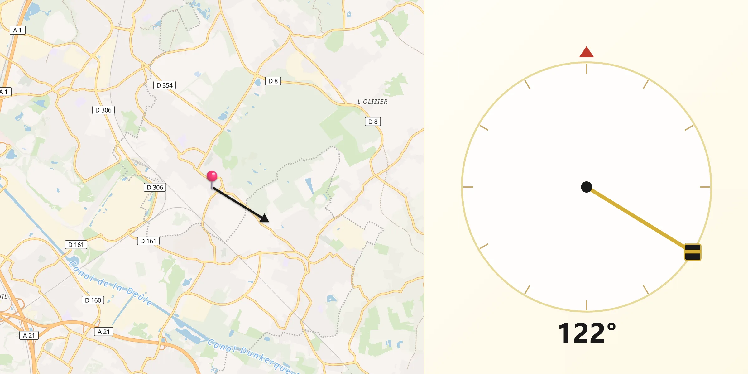 Direction vers la Qibla depuis Ostricourt