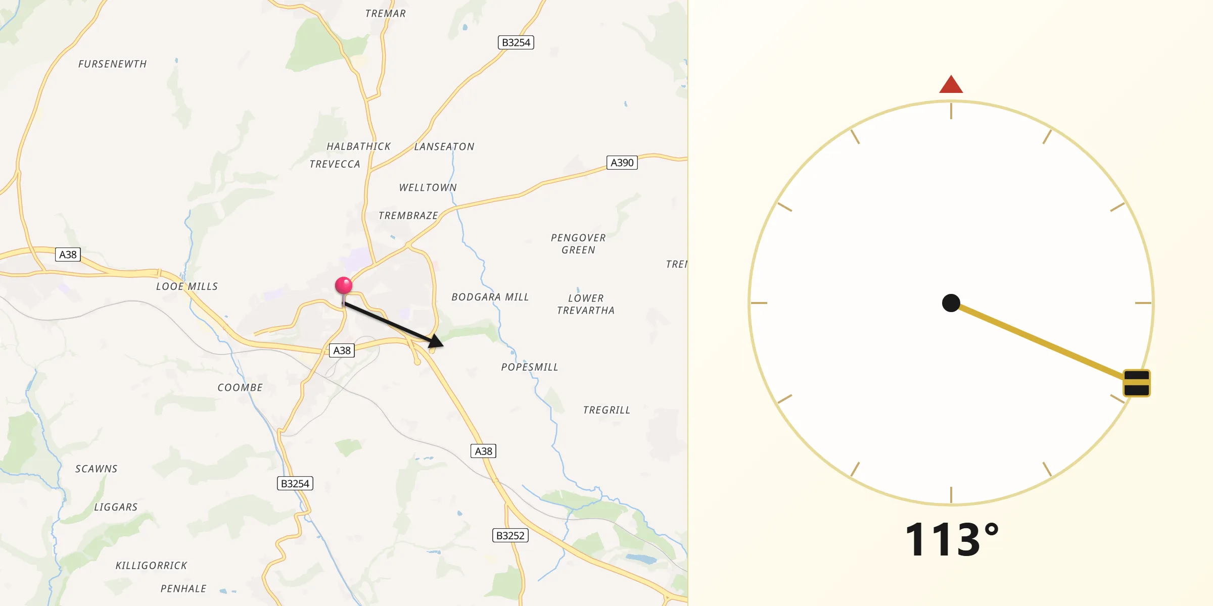 Qibla Direction from Liskeard