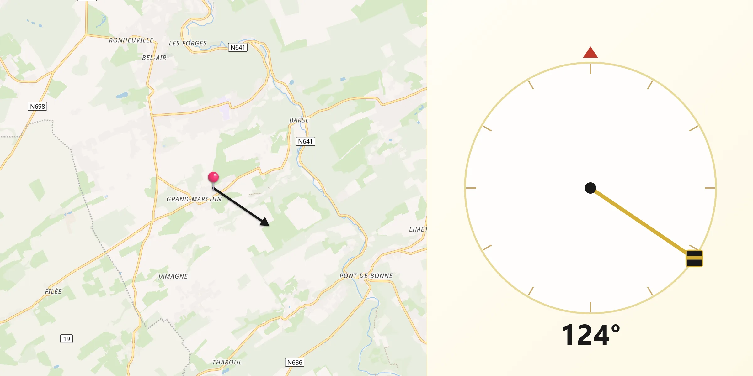 Direction vers la Qibla depuis Marchin