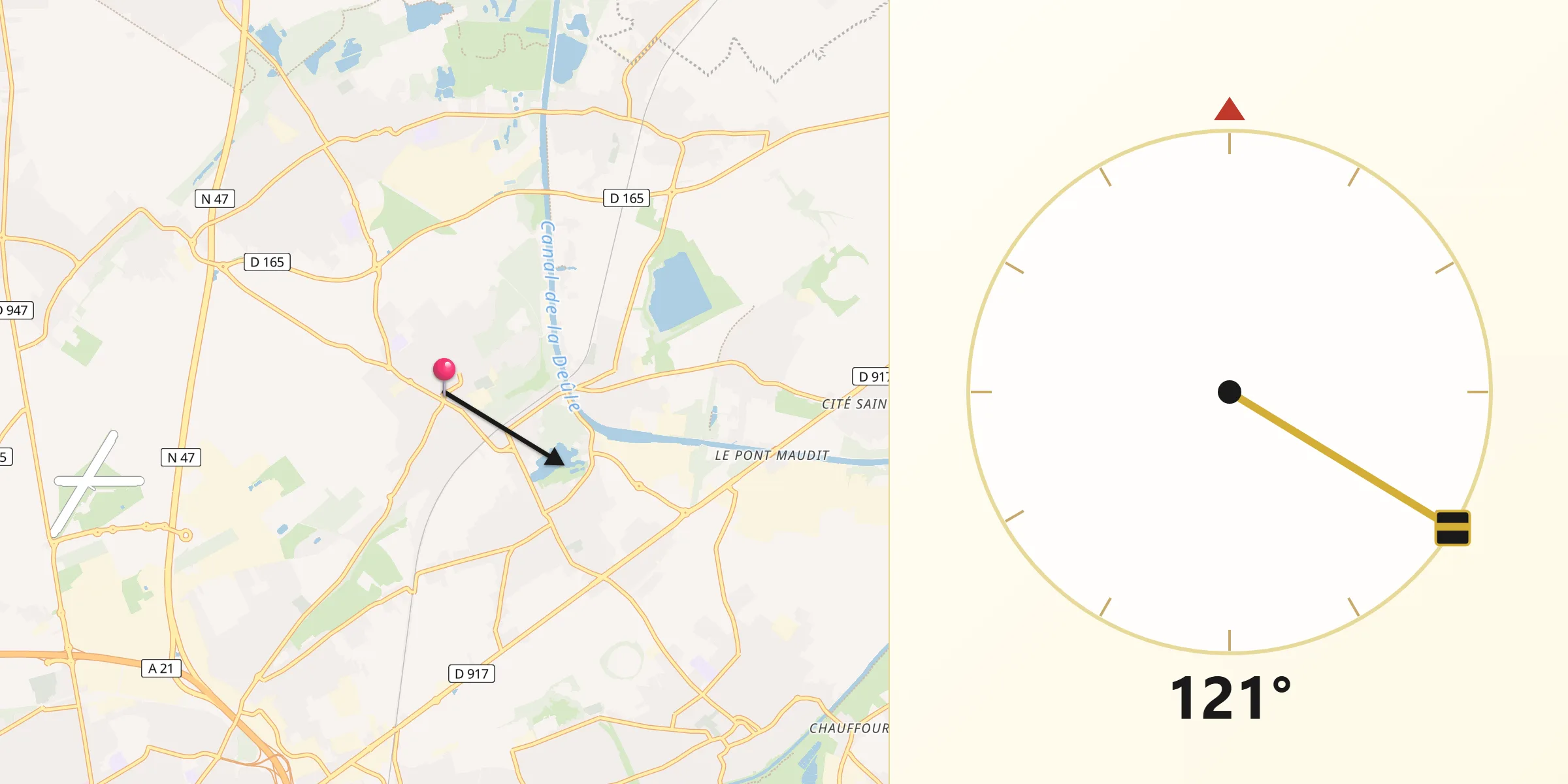 Direction vers la Qibla depuis Vendin-le-Vieil