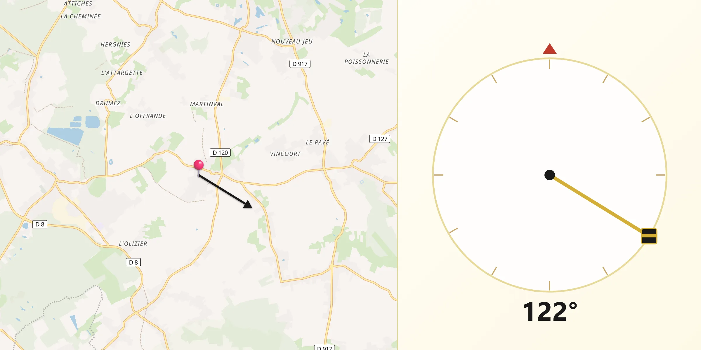 Direction vers la Qibla depuis Mons-en-Pévèle