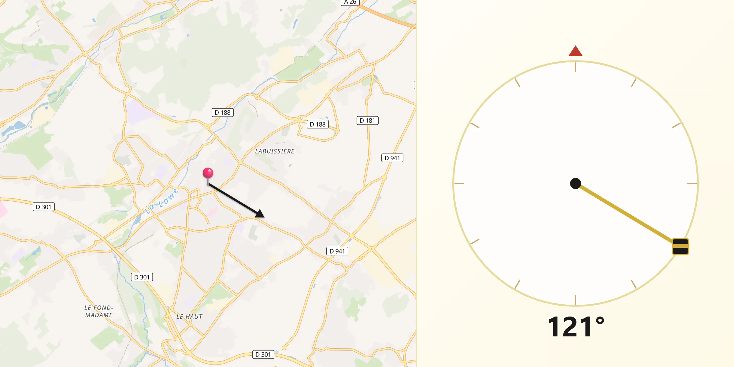 Direction vers la Qibla depuis Bruay-la-Buissière