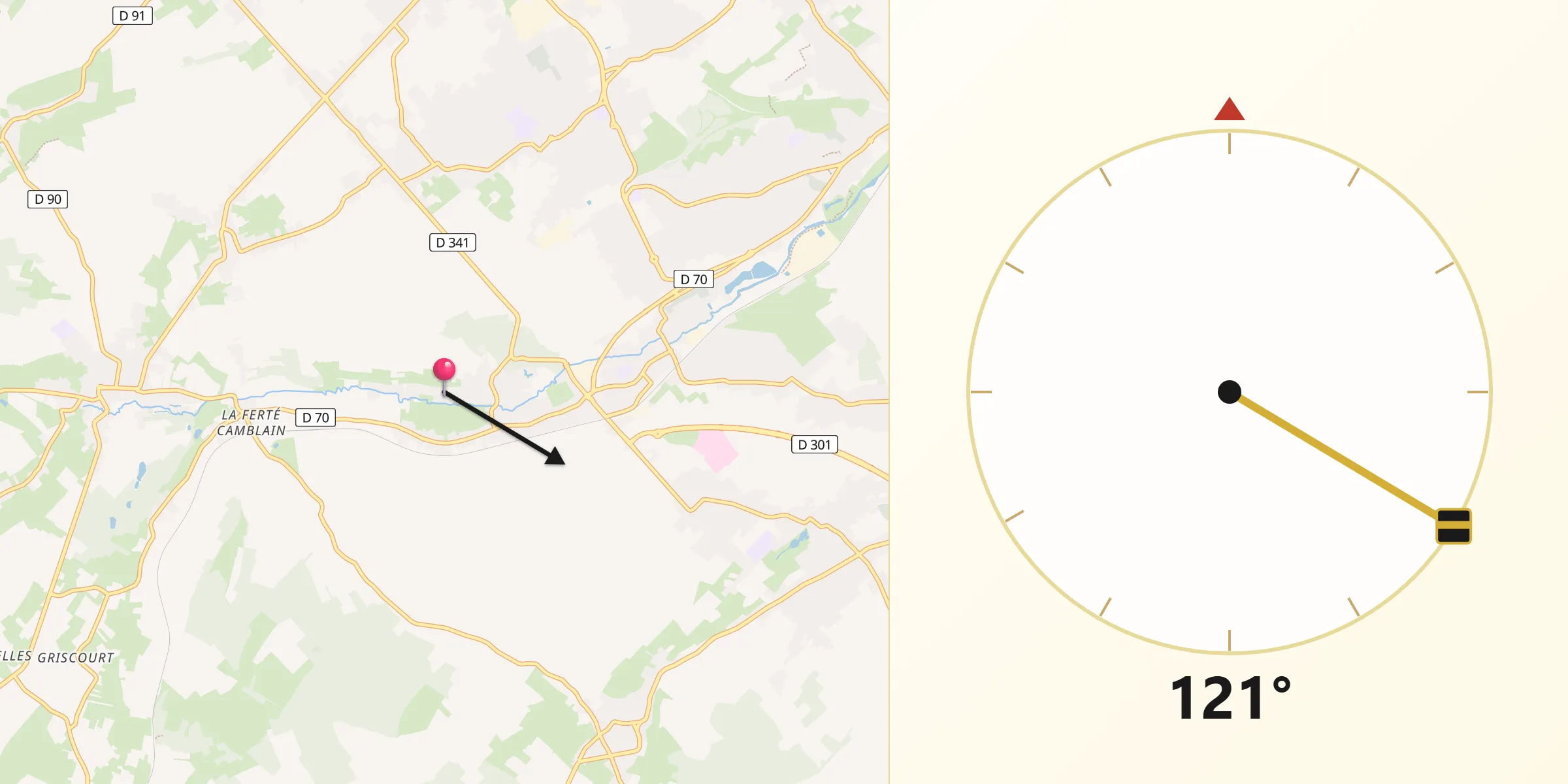 Direction vers la Qibla depuis Camblain-Châtelain
