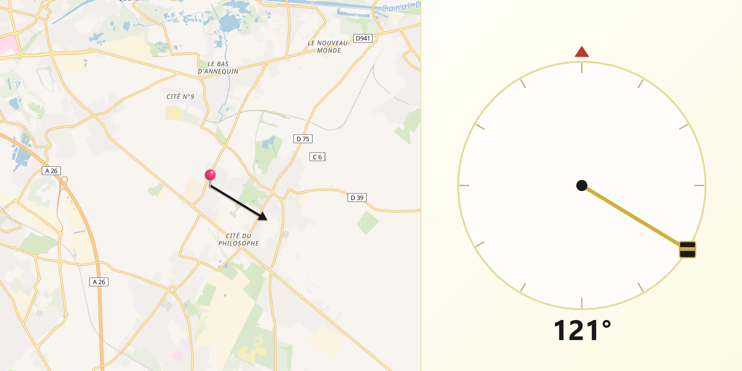 Direction vers la Qibla depuis Noyelles-lès-Vermelles