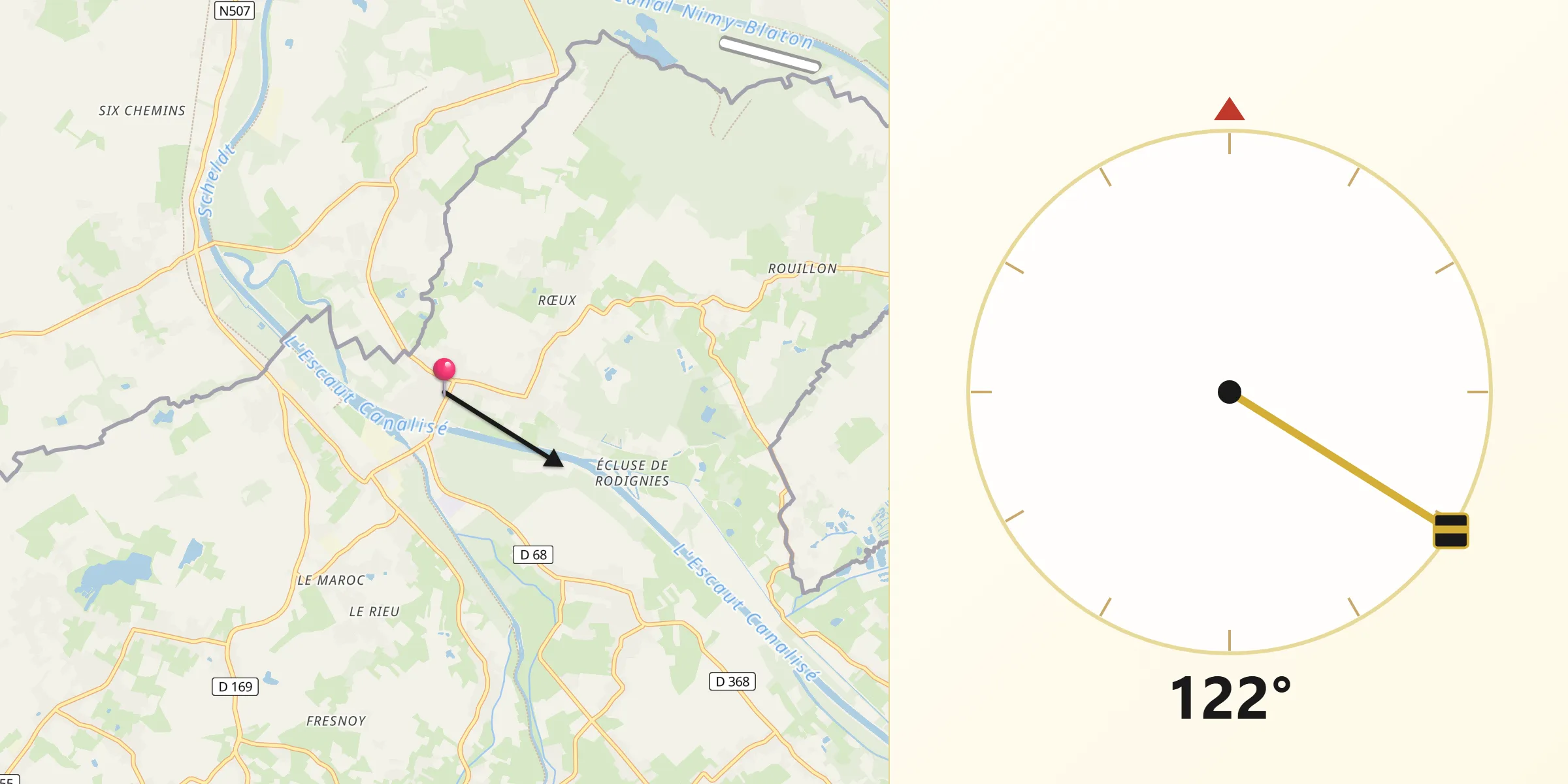 Direction vers la Qibla depuis Mortagne-du-Nord