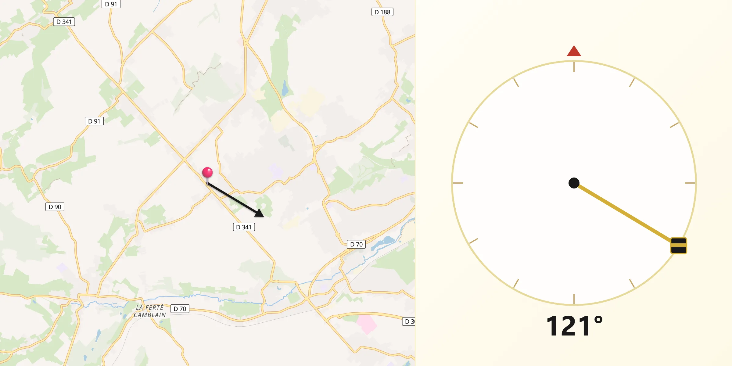 Direction vers la Qibla depuis Cauchy-à-la-Tour