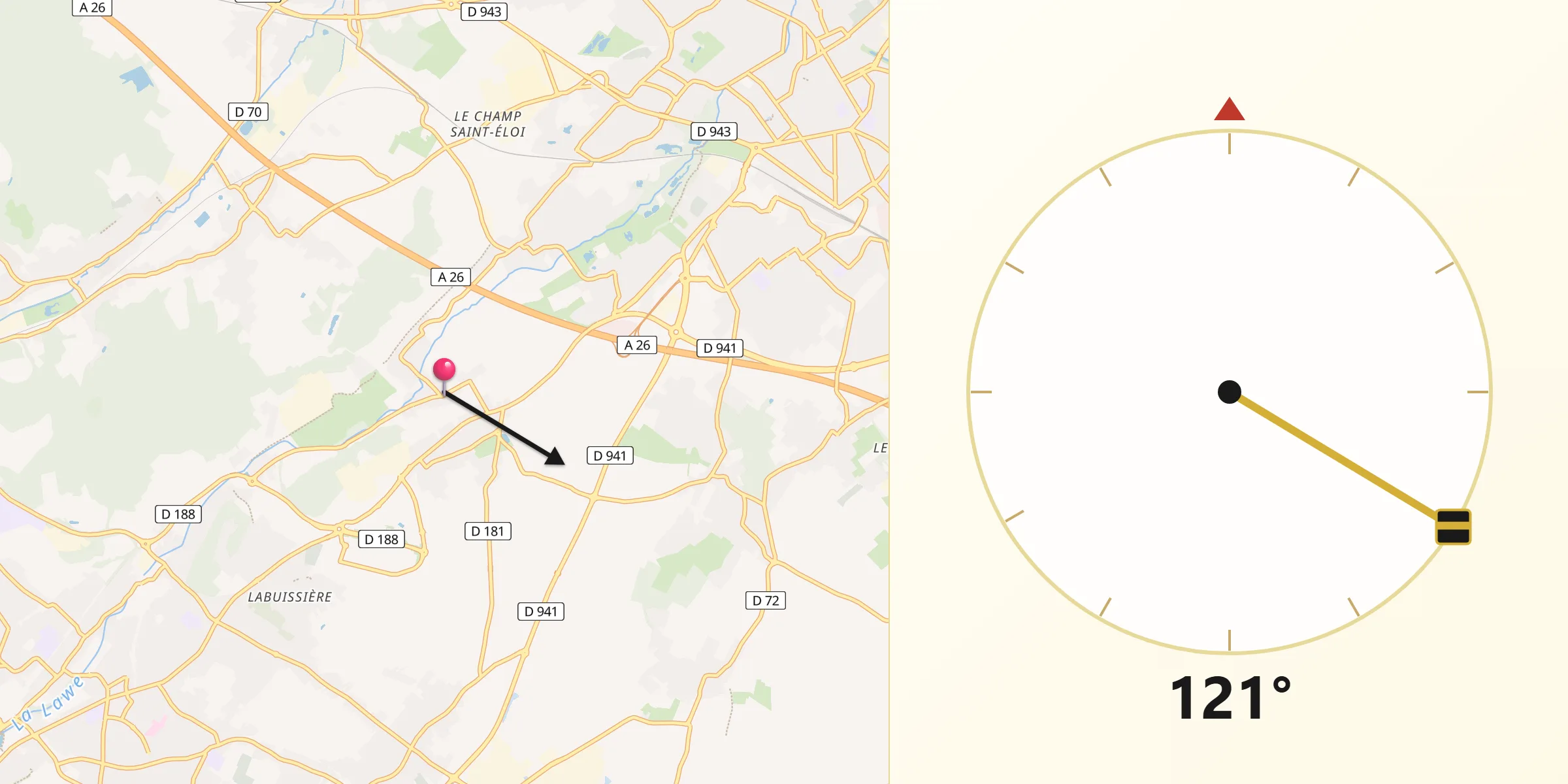 Direction vers la Qibla depuis Gosnay