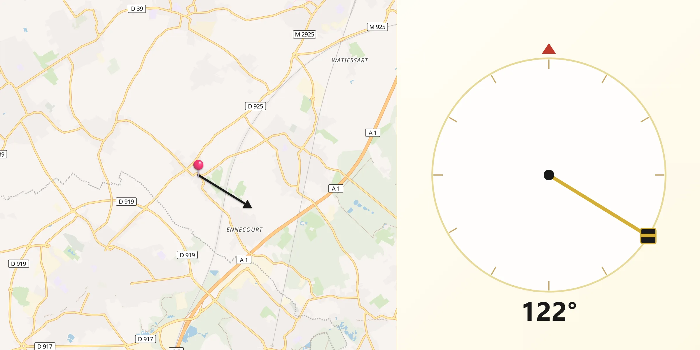 Direction vers la Qibla depuis Camphin-en-Carembault