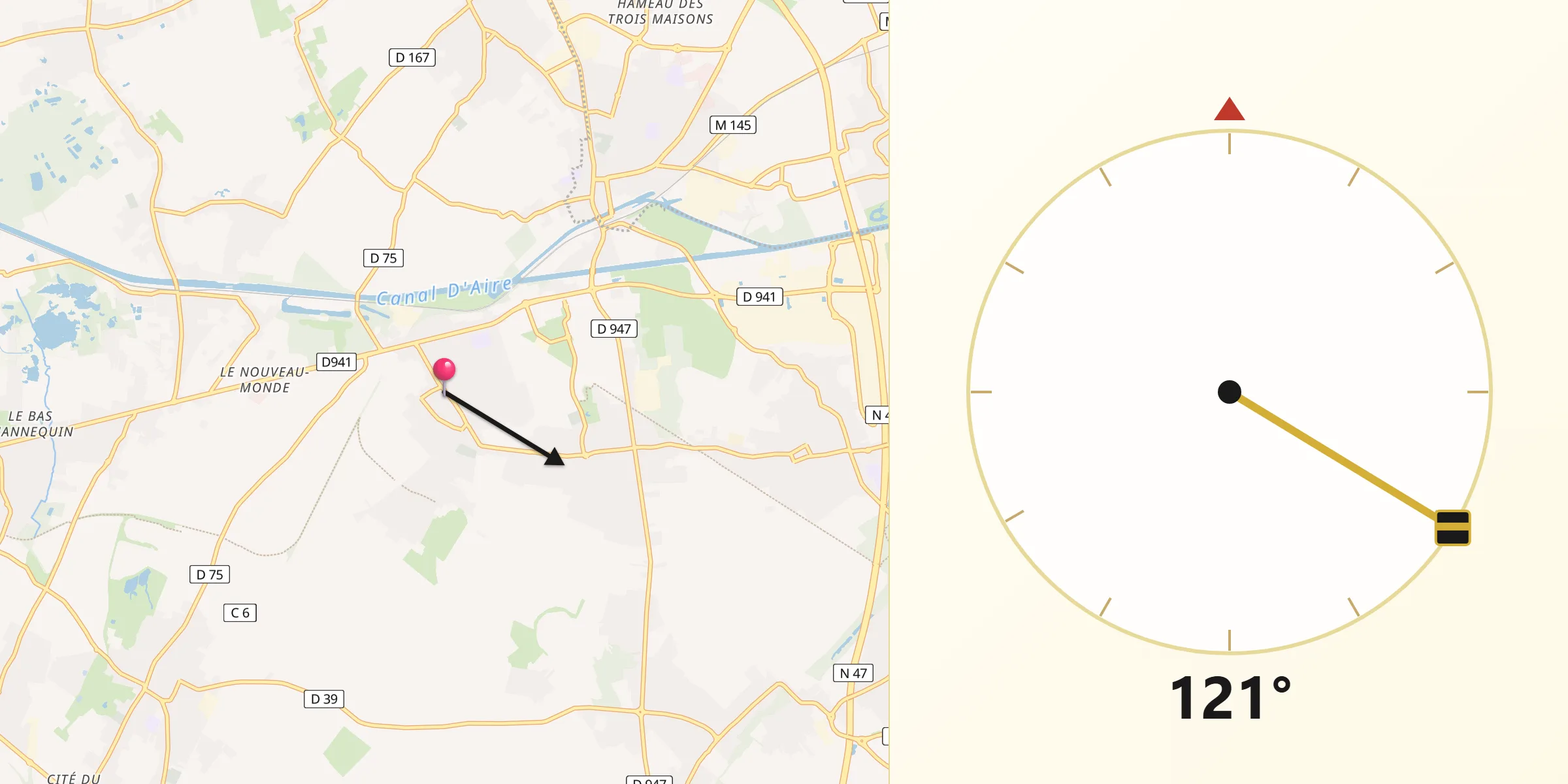 Direction vers la Qibla depuis Auchy-les-Mines