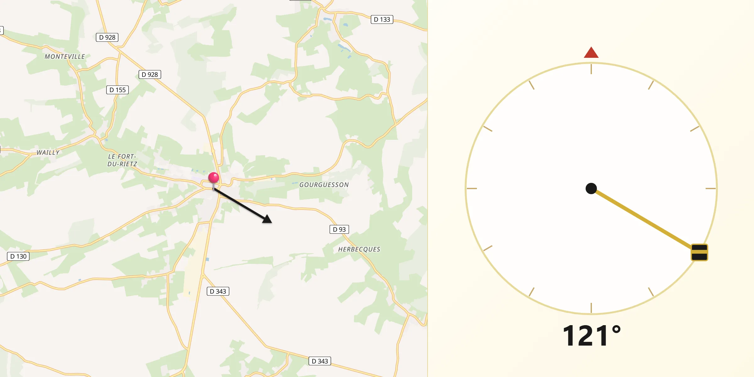 Direction vers la Qibla depuis Fruges