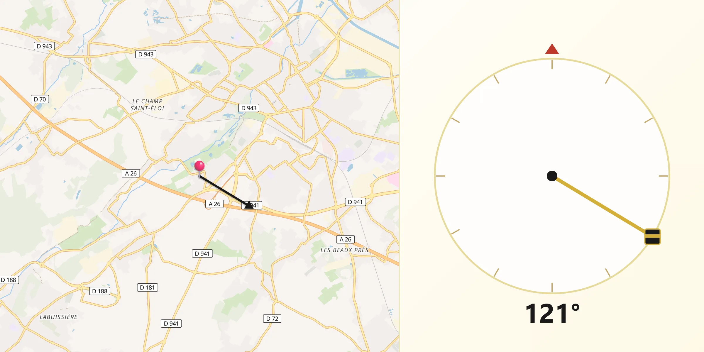 Direction vers la Qibla depuis Fouquières-lès-Béthune