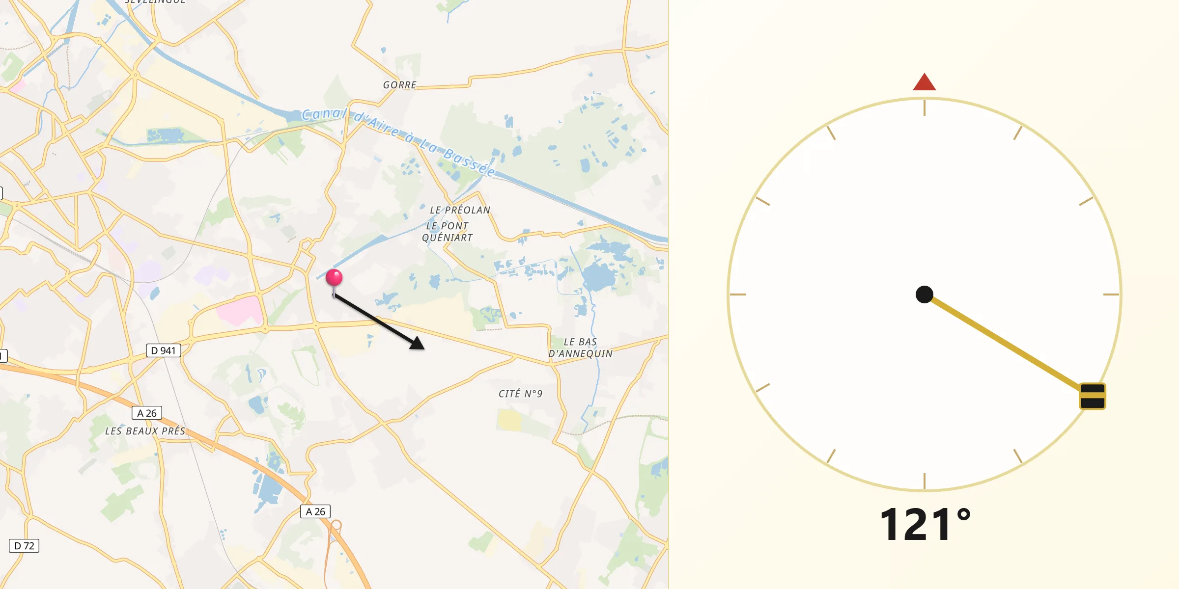 Direction vers la Qibla depuis Beuvry