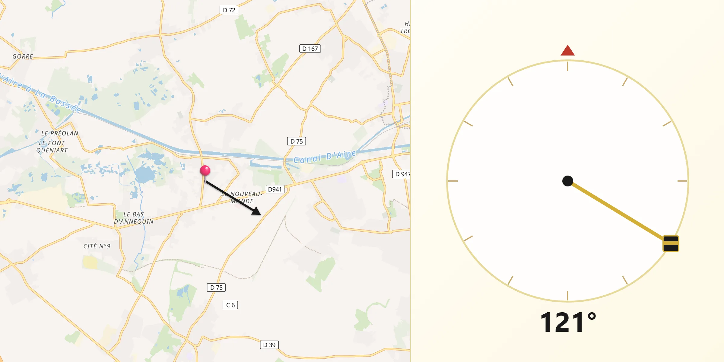 Direction vers la Qibla depuis Cuinchy