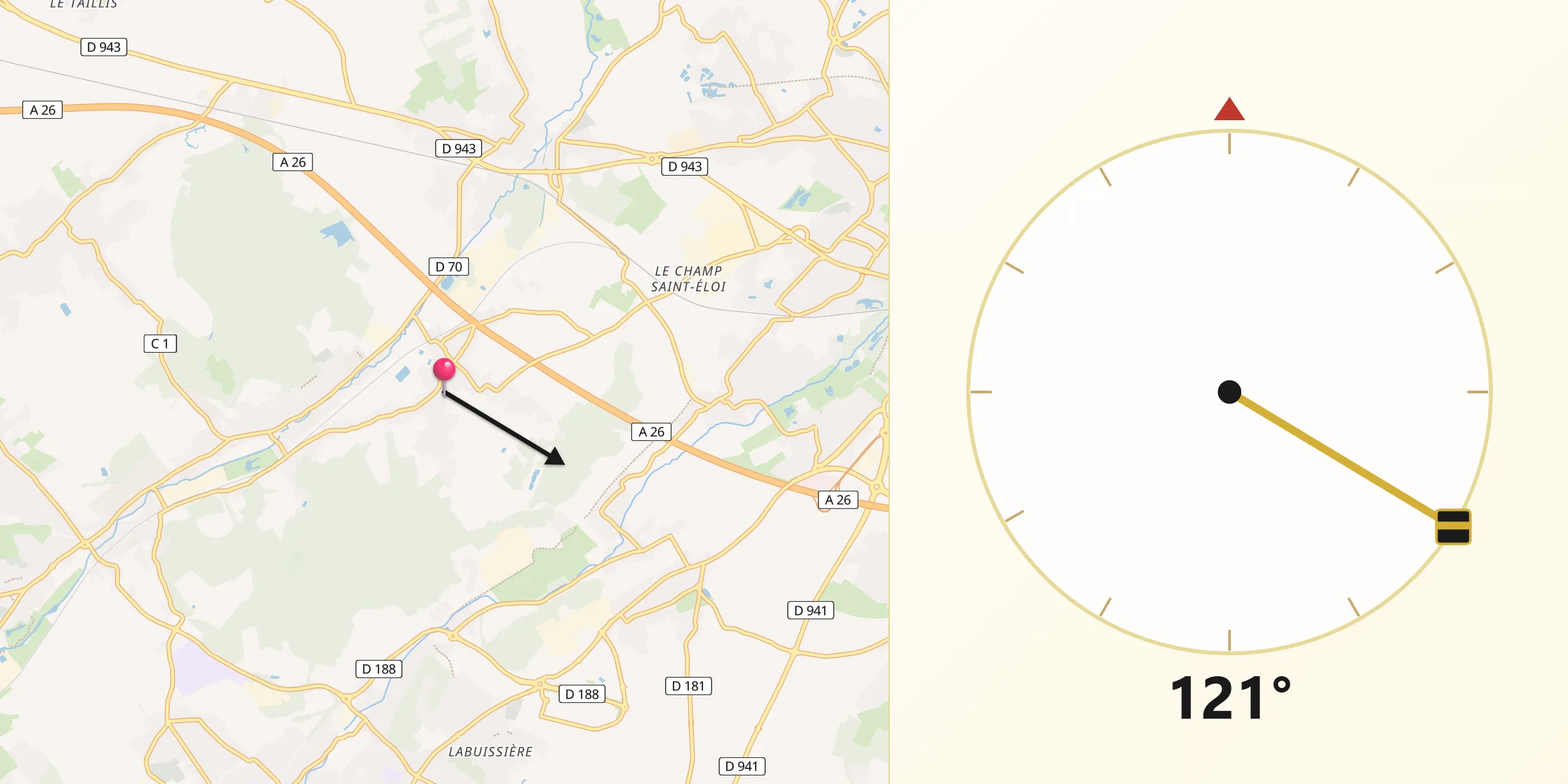 Direction vers la Qibla depuis Labeuvrière