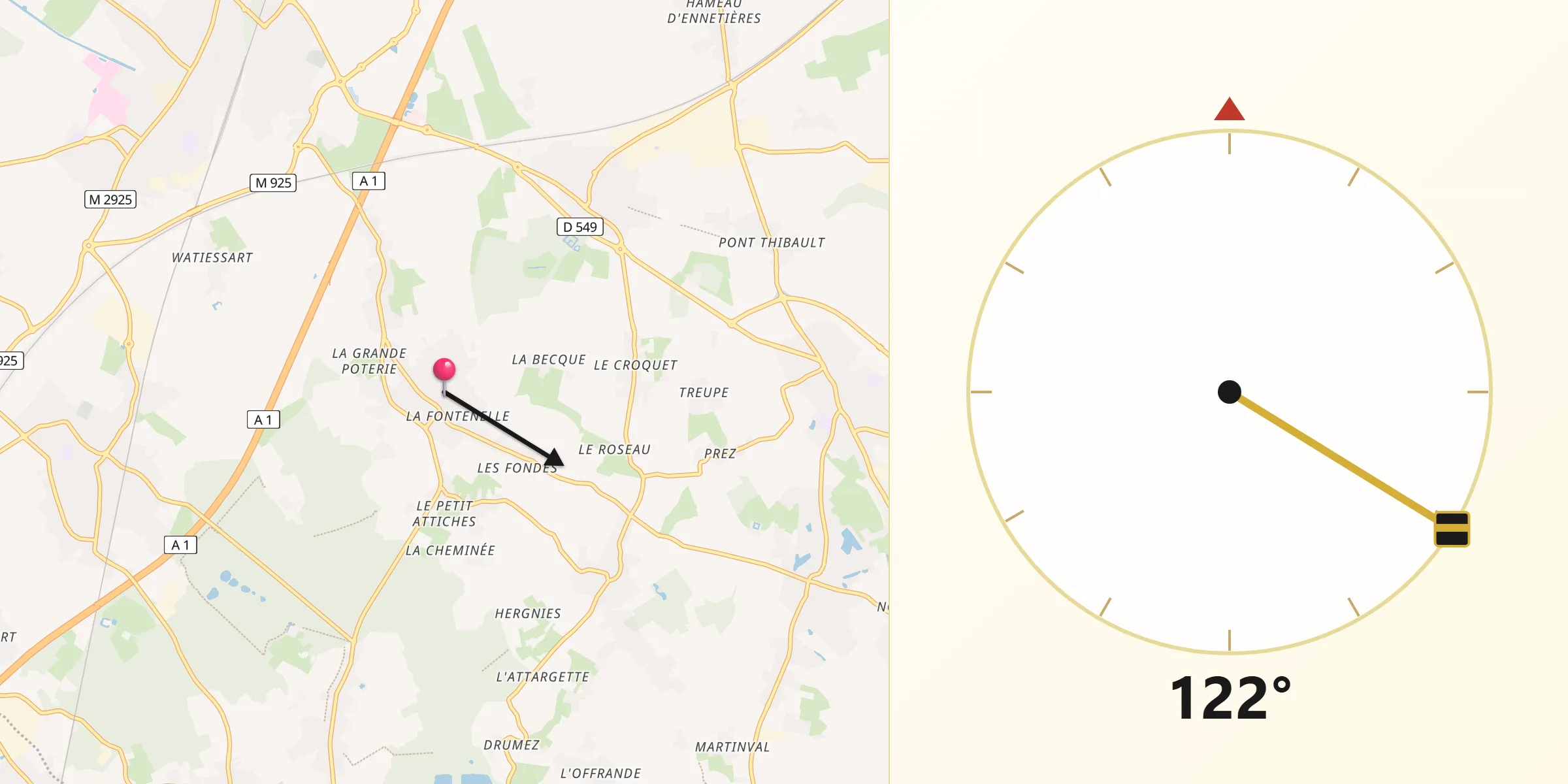 Direction vers la Qibla depuis Attiches