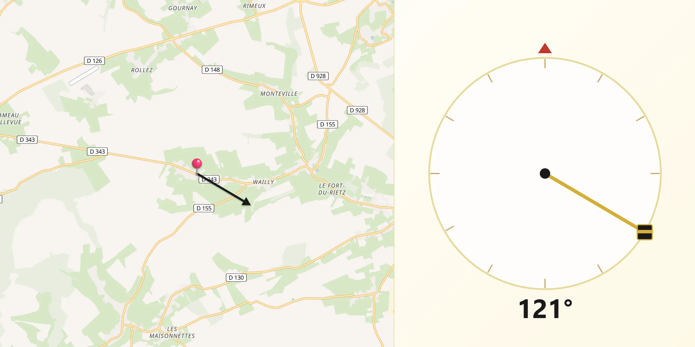 Direction vers la Qibla depuis Wailly