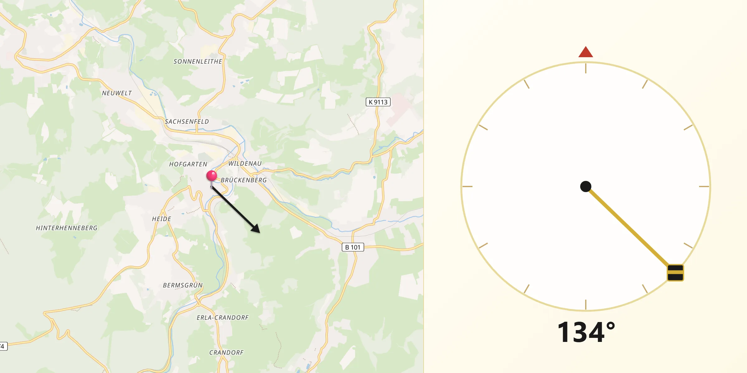 Qibla-Richtung von Schwarzenberg/Erzgeb.