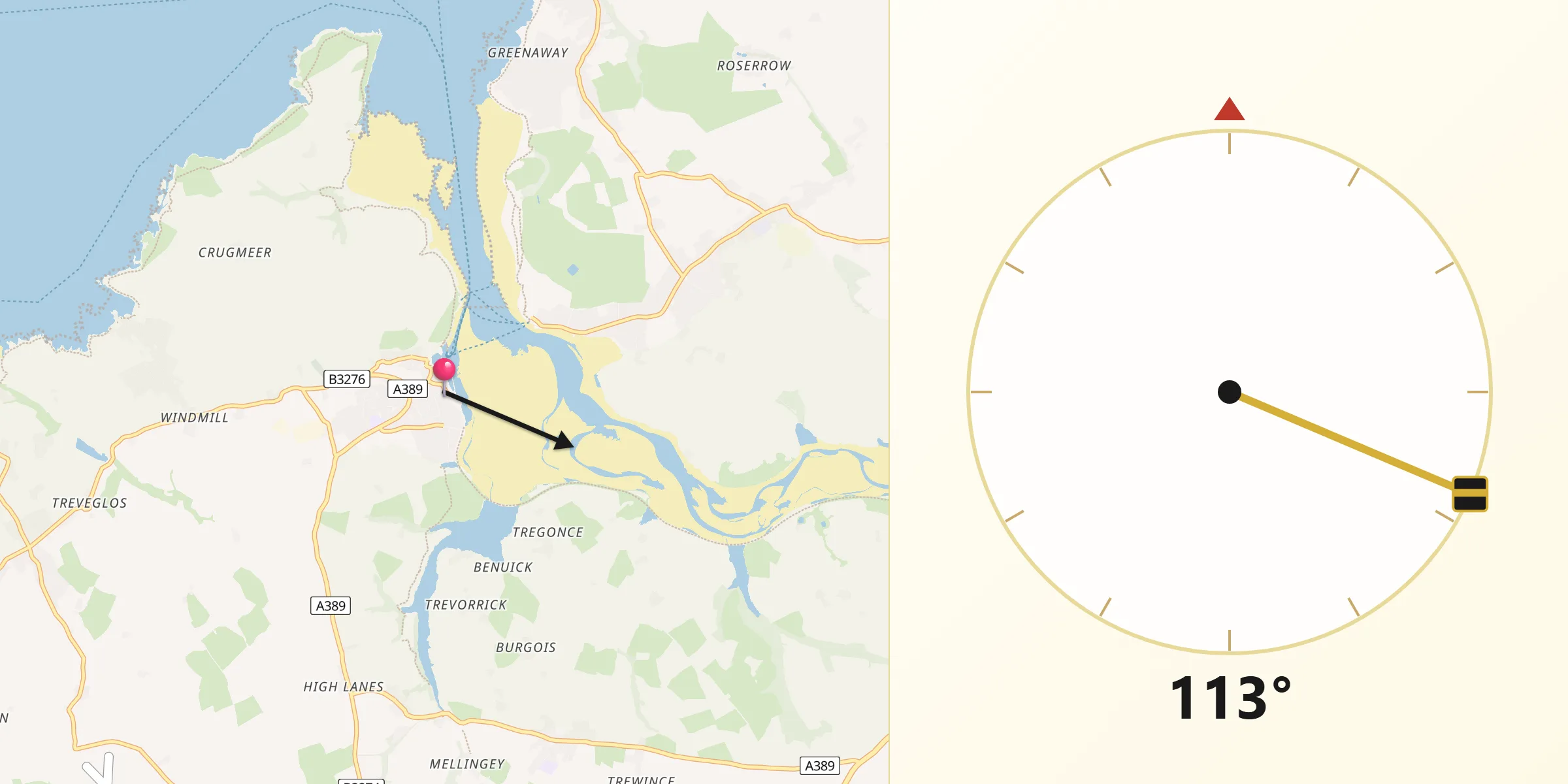 Qibla Direction from Padstow