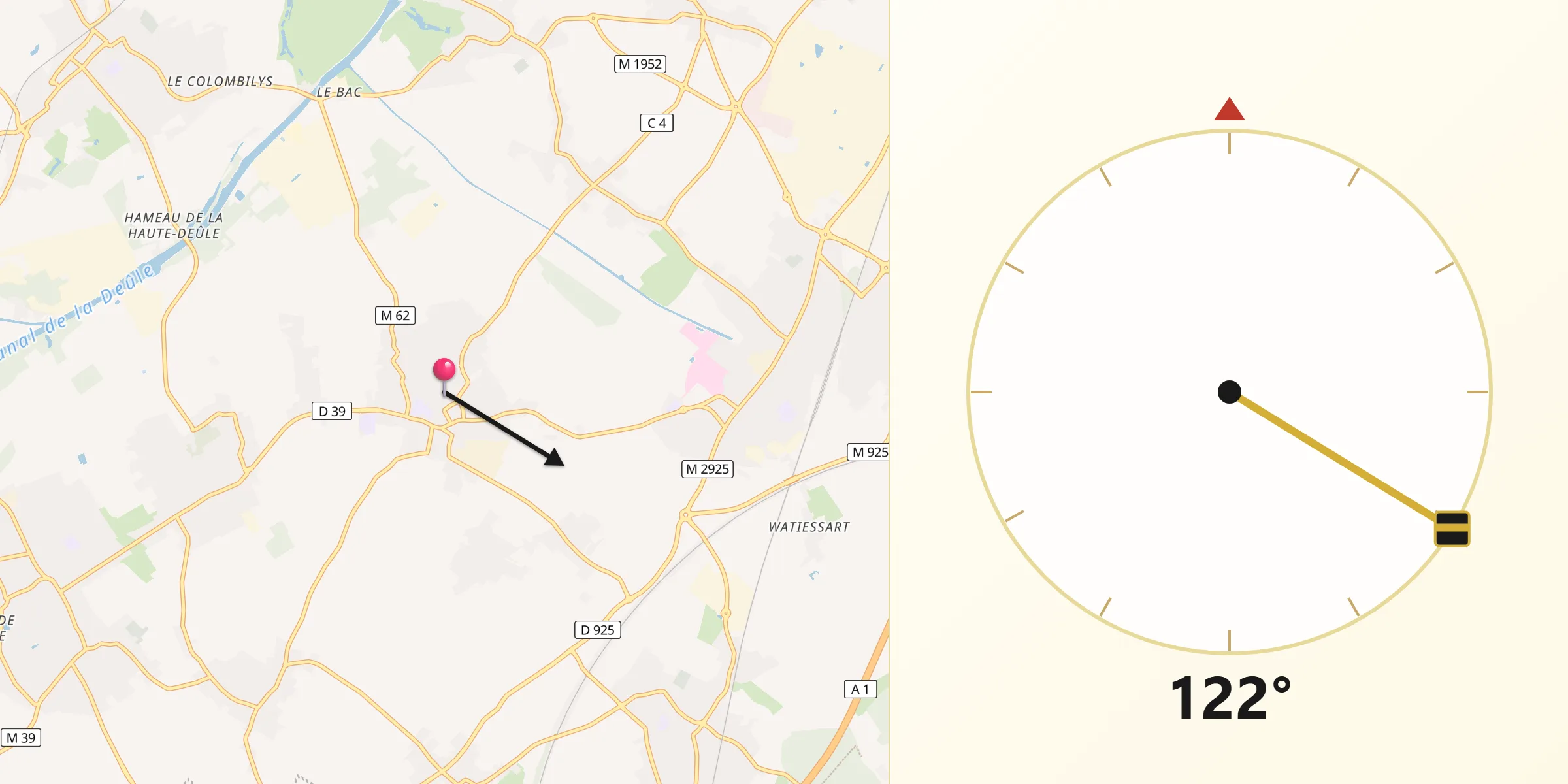 Direction vers la Qibla depuis Gondecourt