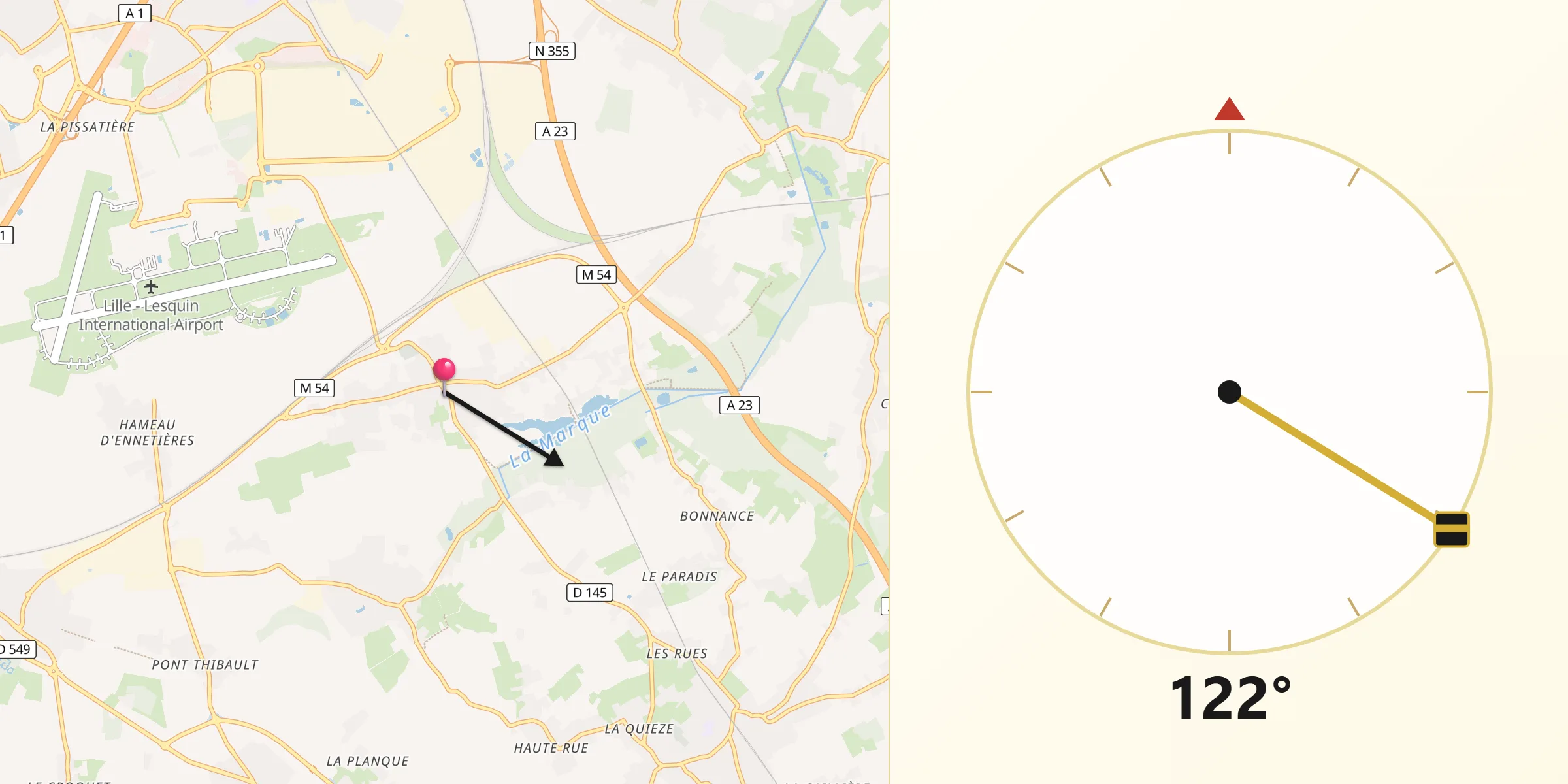 Direction vers la Qibla depuis Fretin