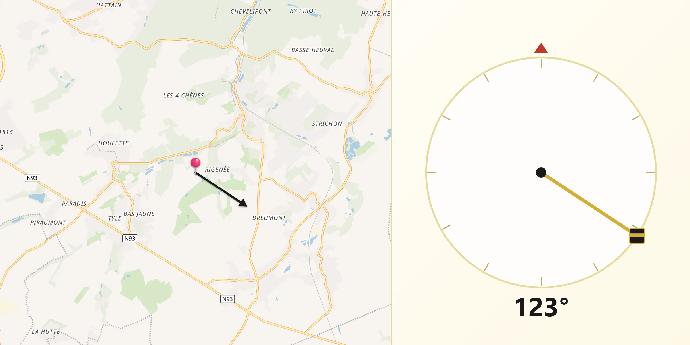 Direction vers la Qibla depuis Villers-la-Ville