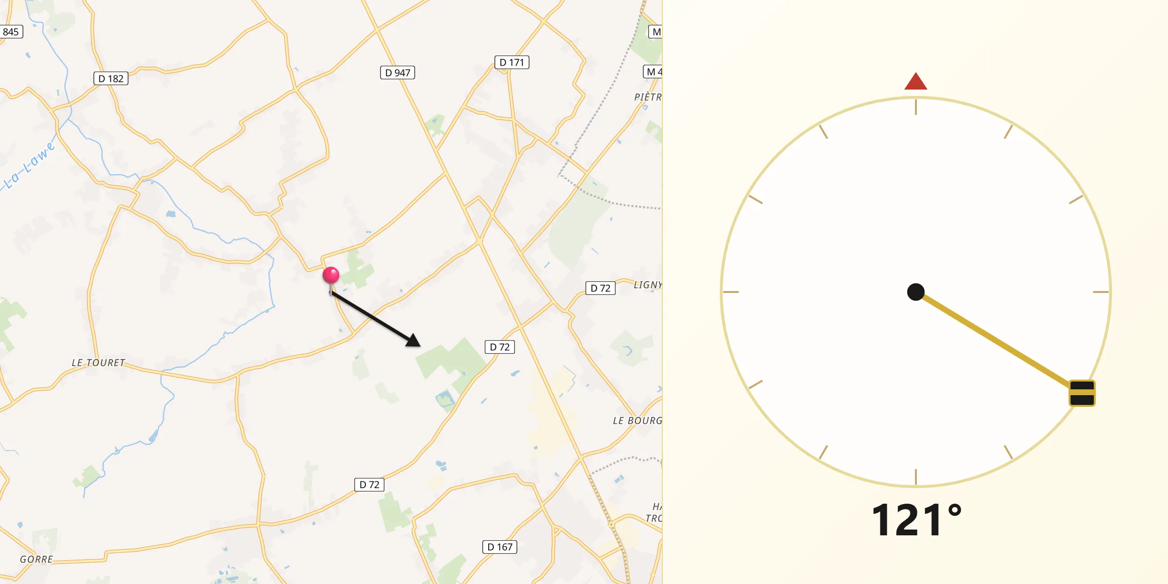 Direction vers la Qibla depuis Richebourg-l'Avoué
