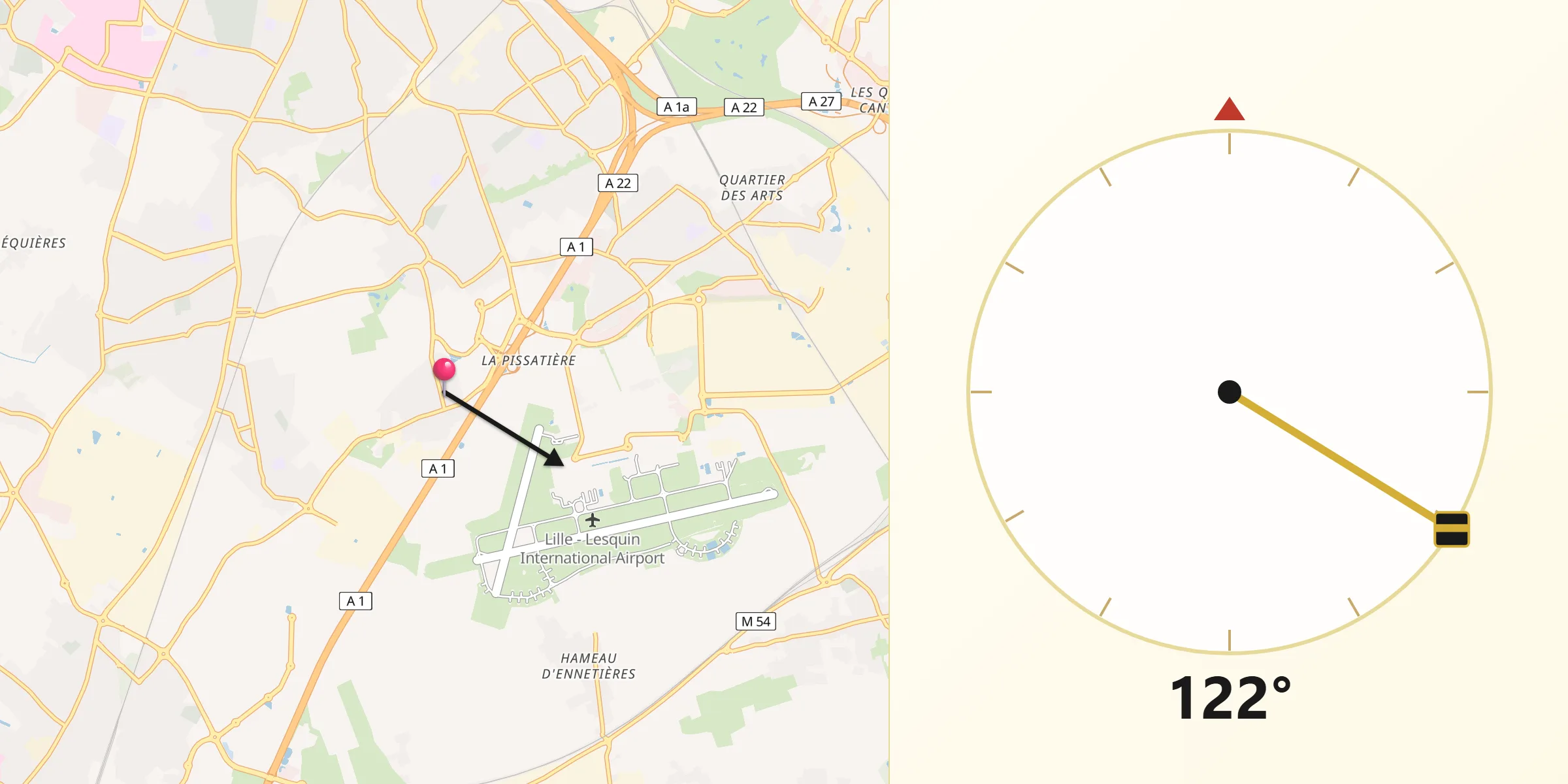 Direction vers la Qibla depuis Vendeville