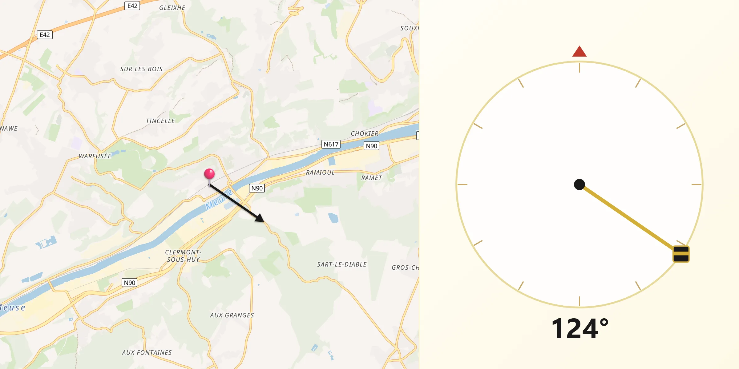 Direction vers la Qibla depuis Engis