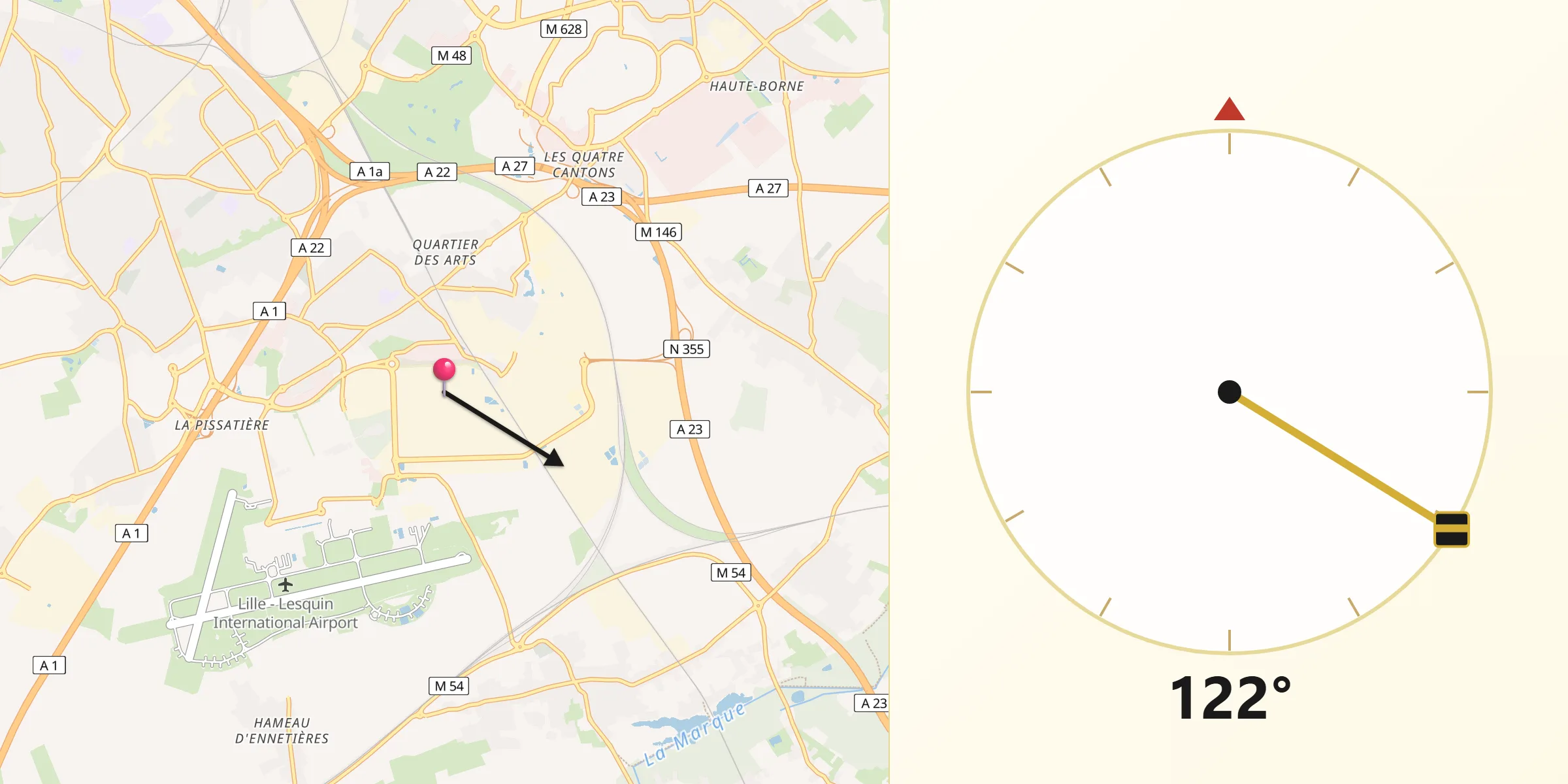 Direction vers la Qibla depuis Lesquin