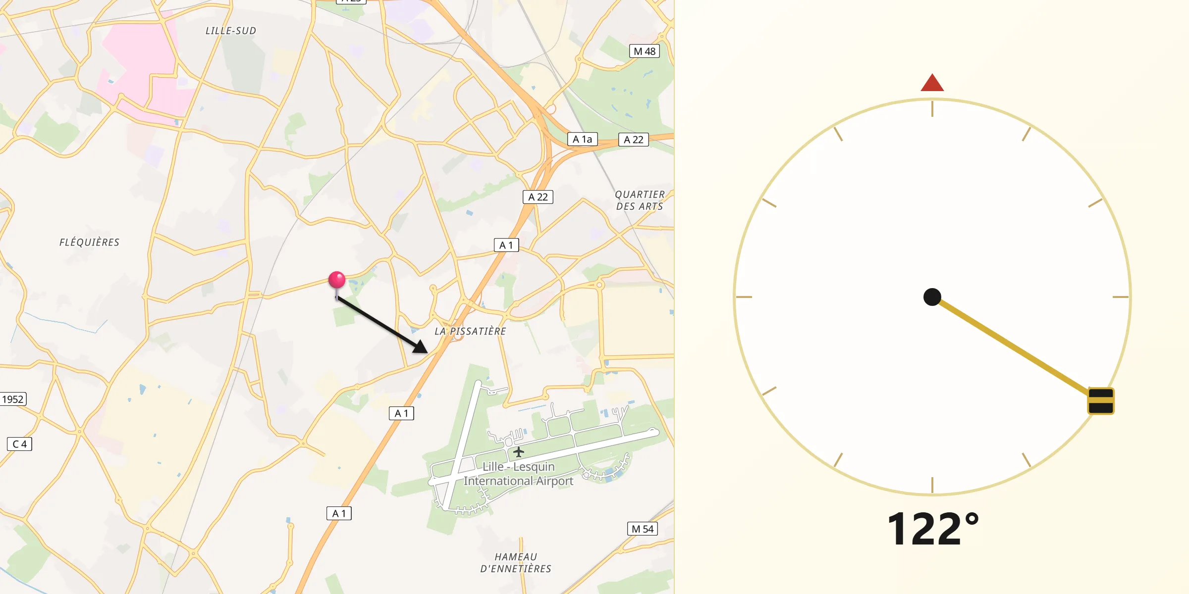 Direction vers la Qibla depuis Faches-Thumesnil