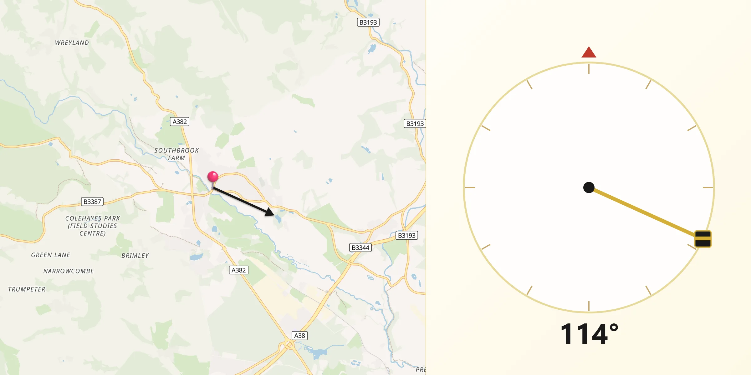 Qibla Direction from Bovey Tracey