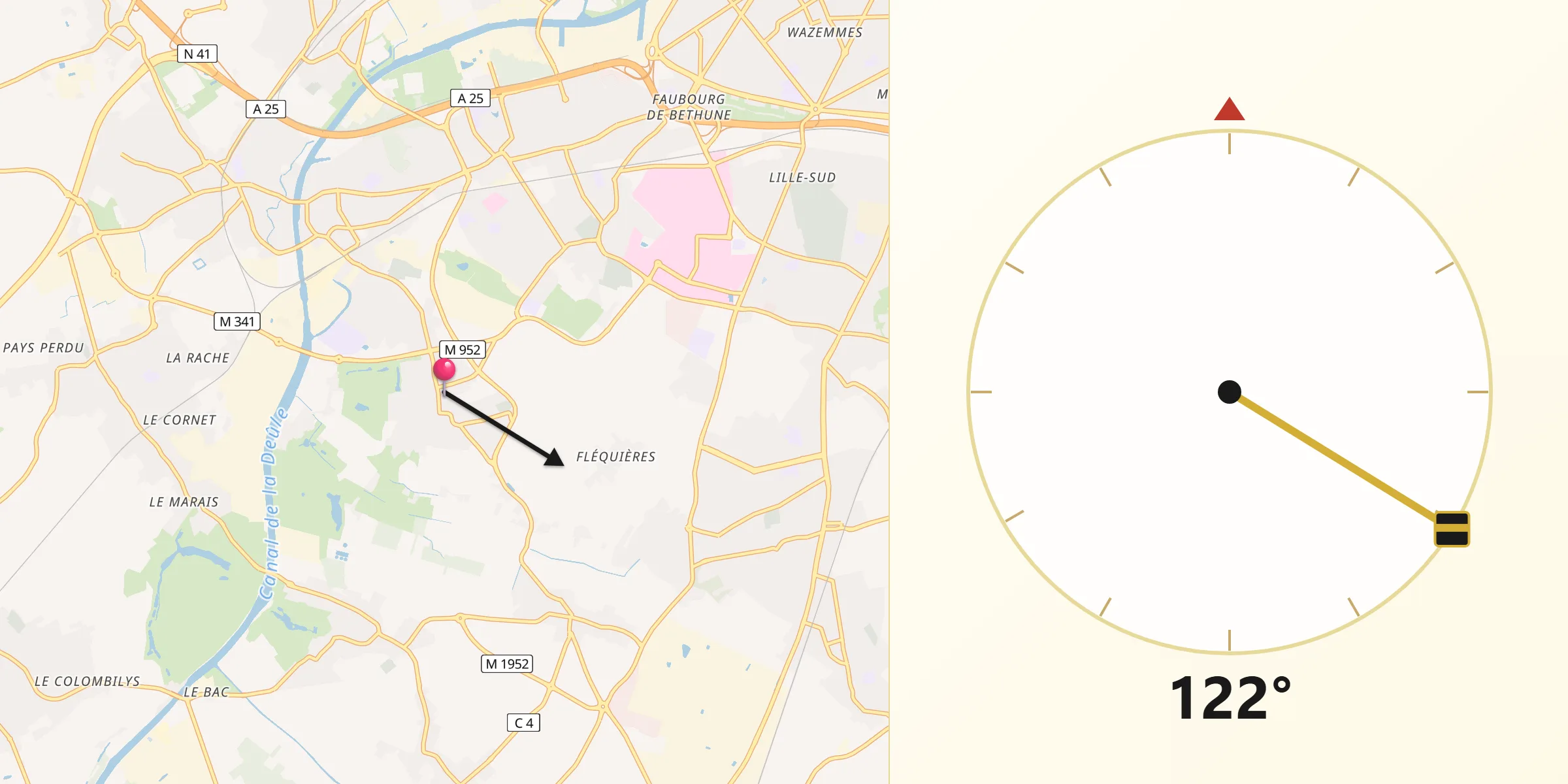 Direction vers la Qibla depuis Emmerin