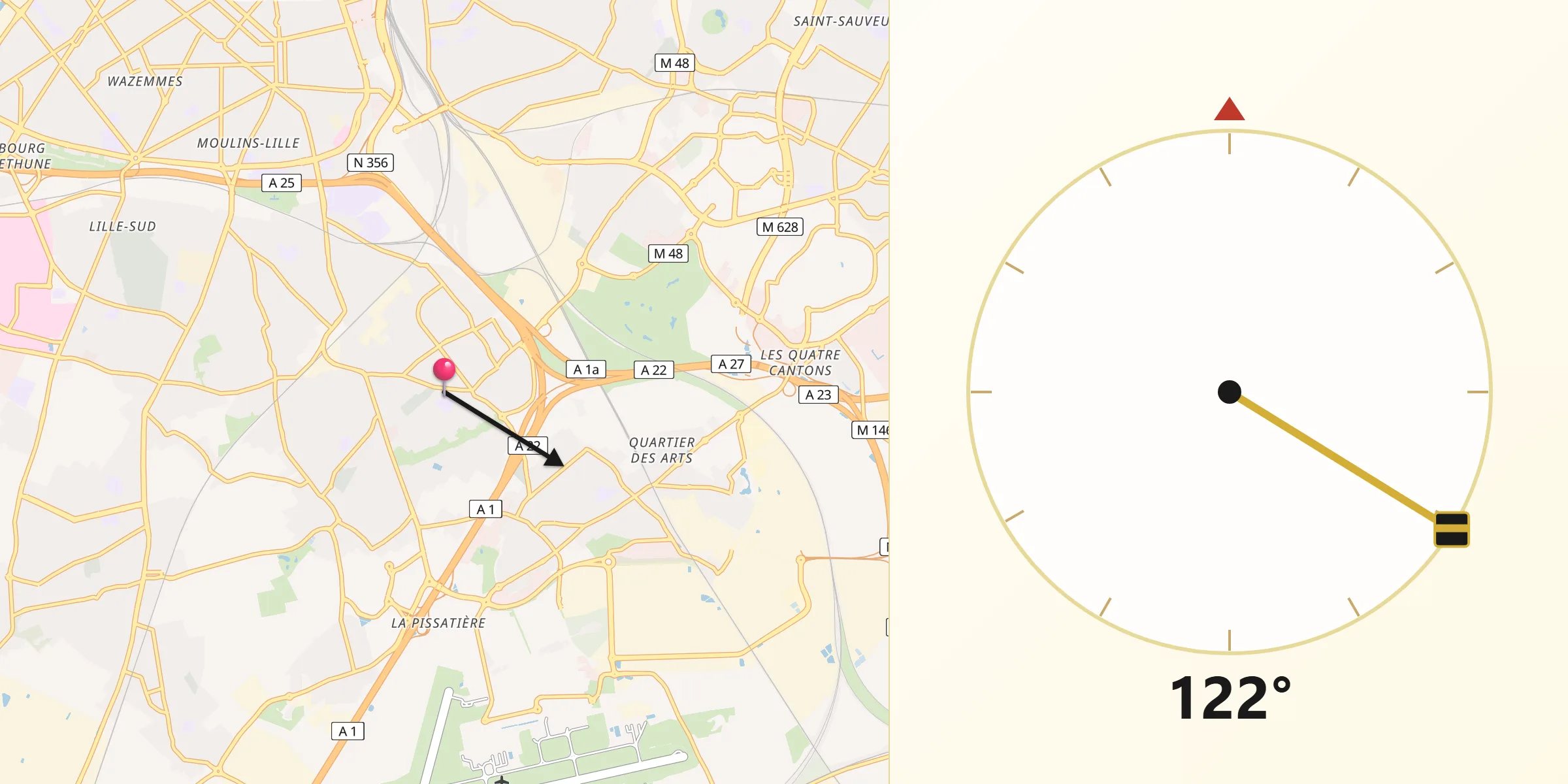 Direction vers la Qibla depuis Ronchin
