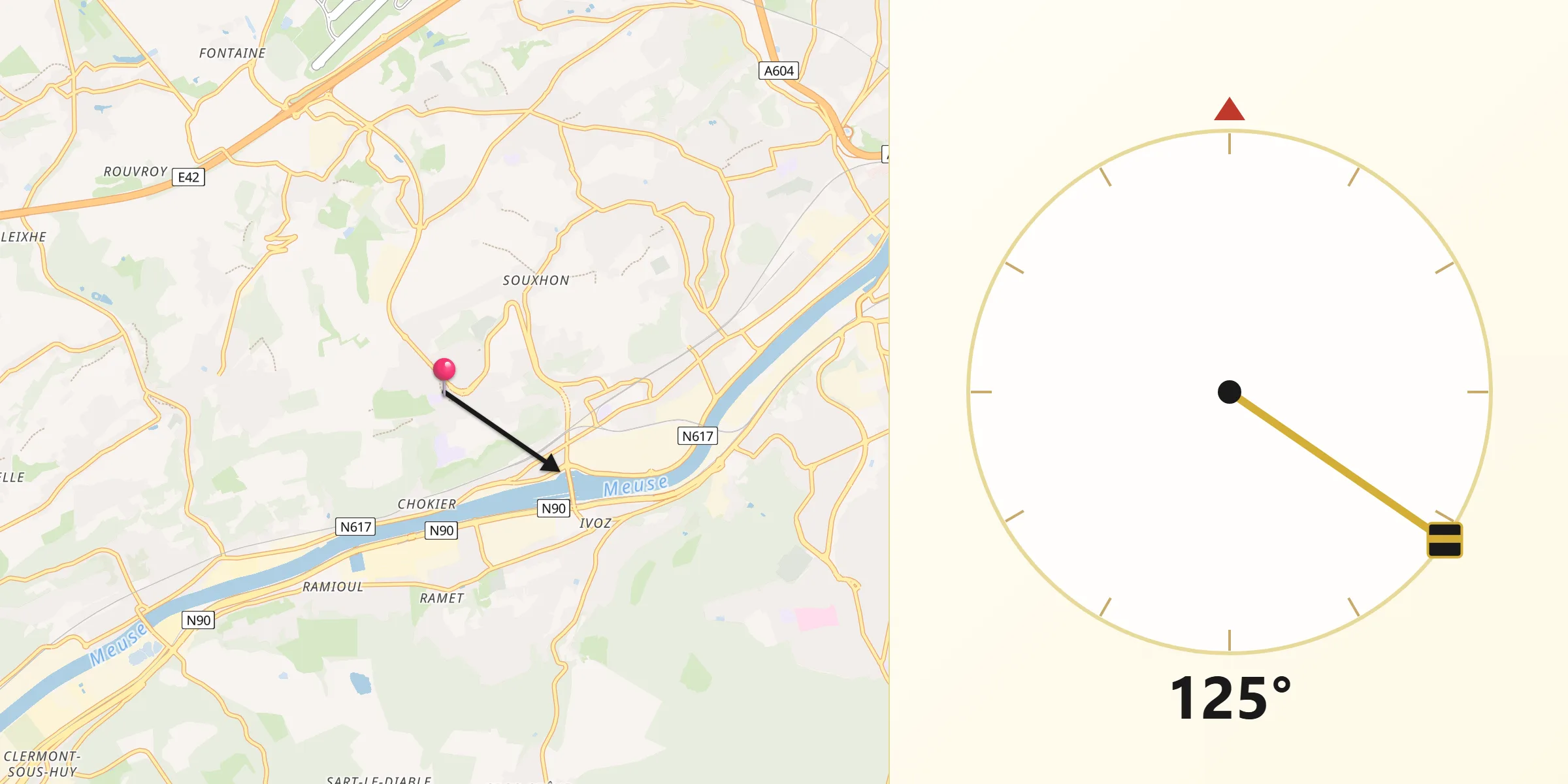 Direction vers la Qibla depuis Flémalle-Haute