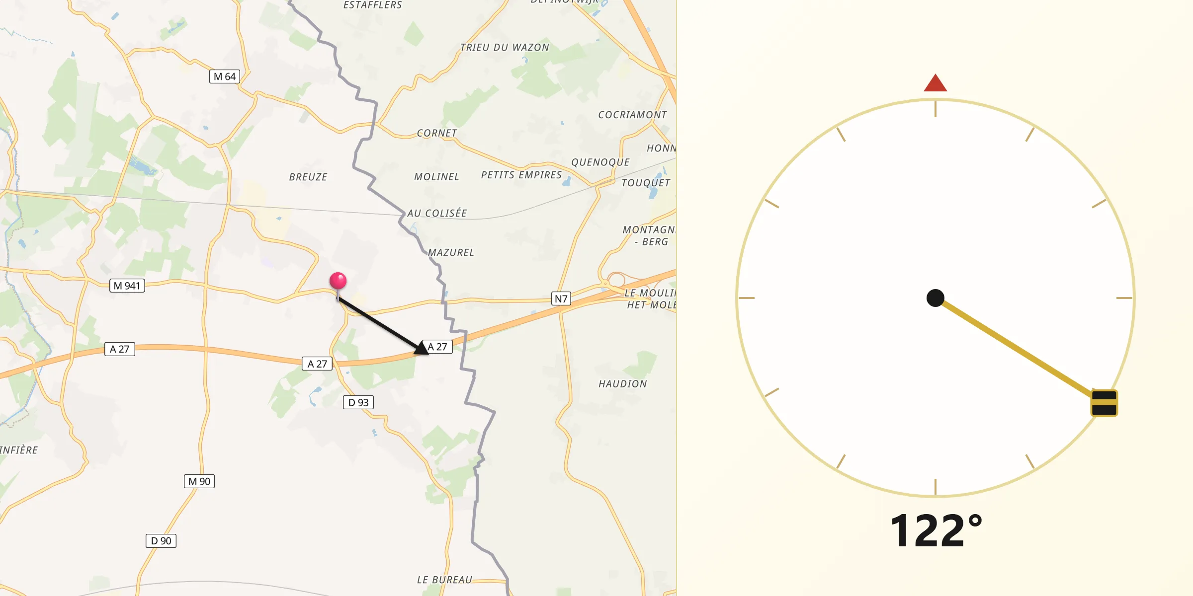 Direction vers la Qibla depuis Baisieux