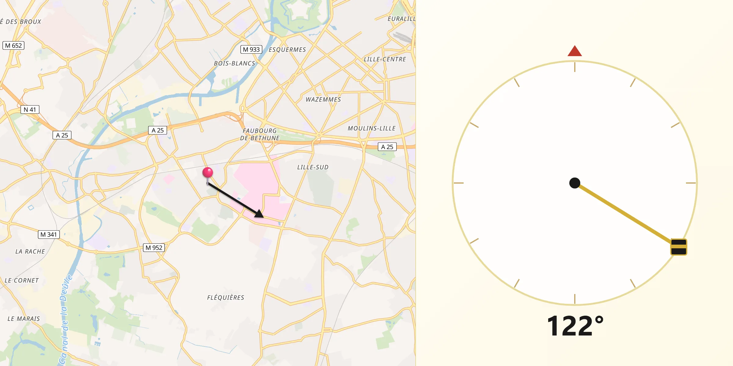 Direction vers la Qibla depuis Loos