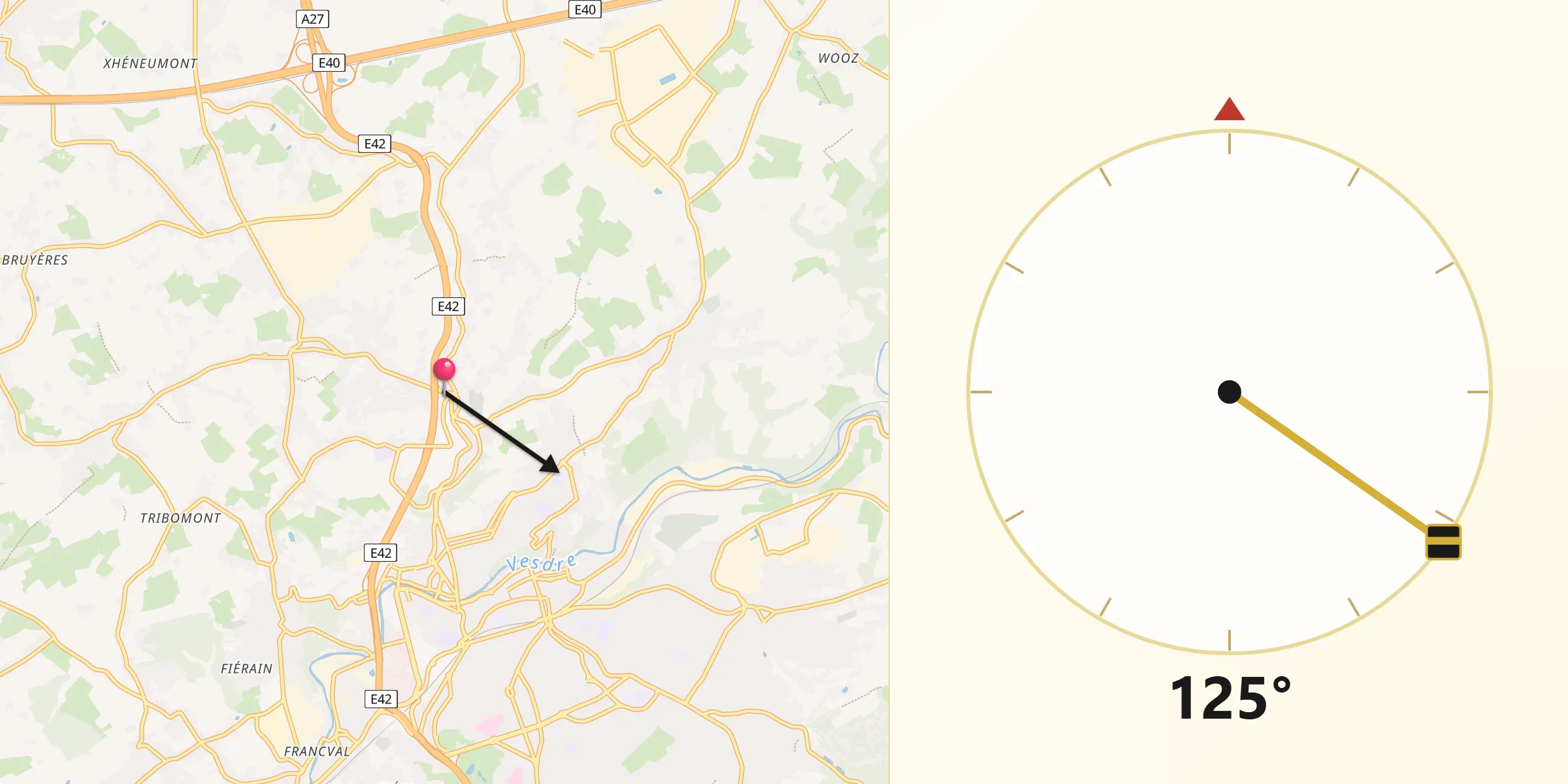 Direction vers la Qibla depuis Dison