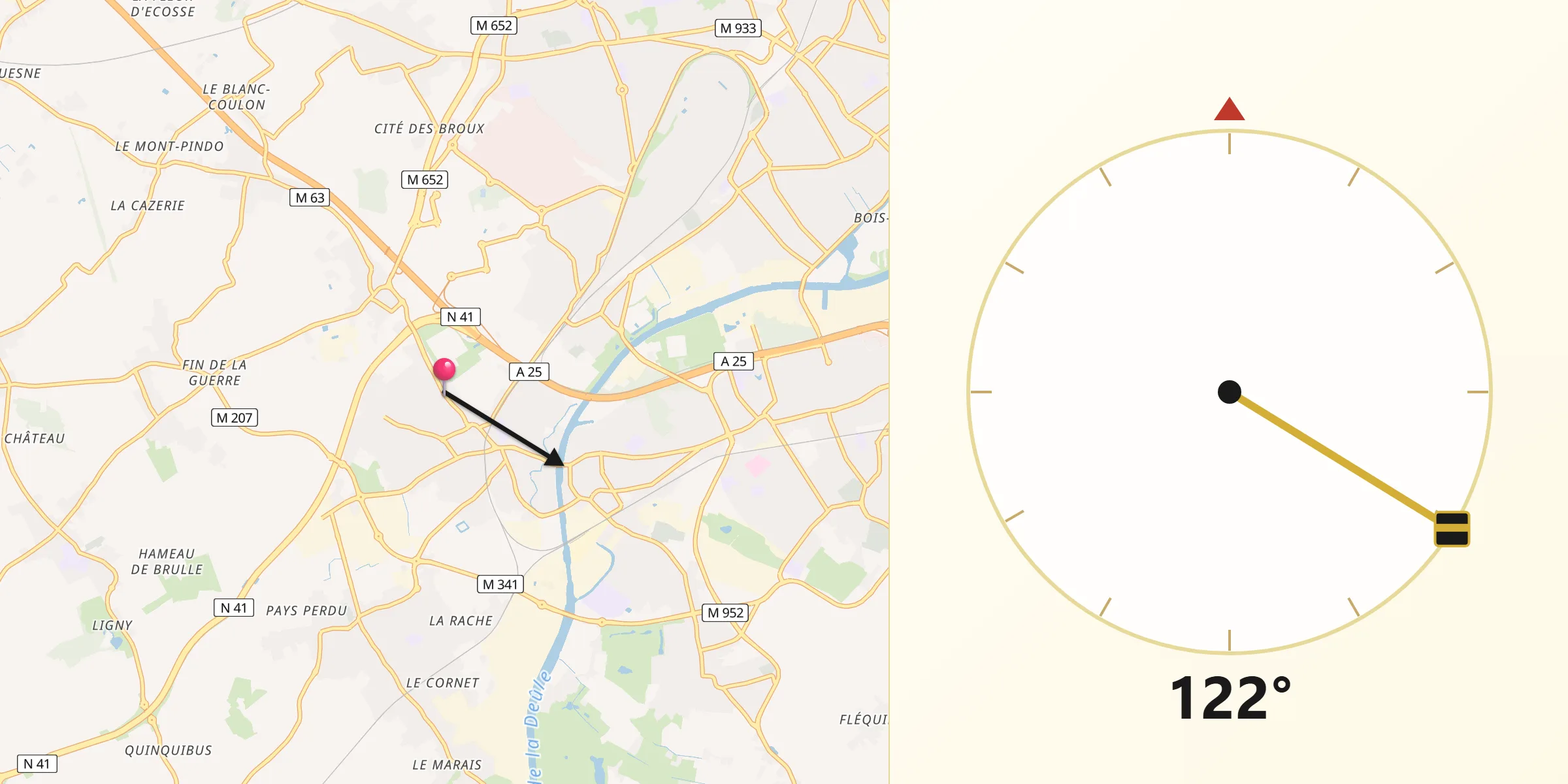 Direction vers la Qibla depuis Hallennes-lez-Haubourdin