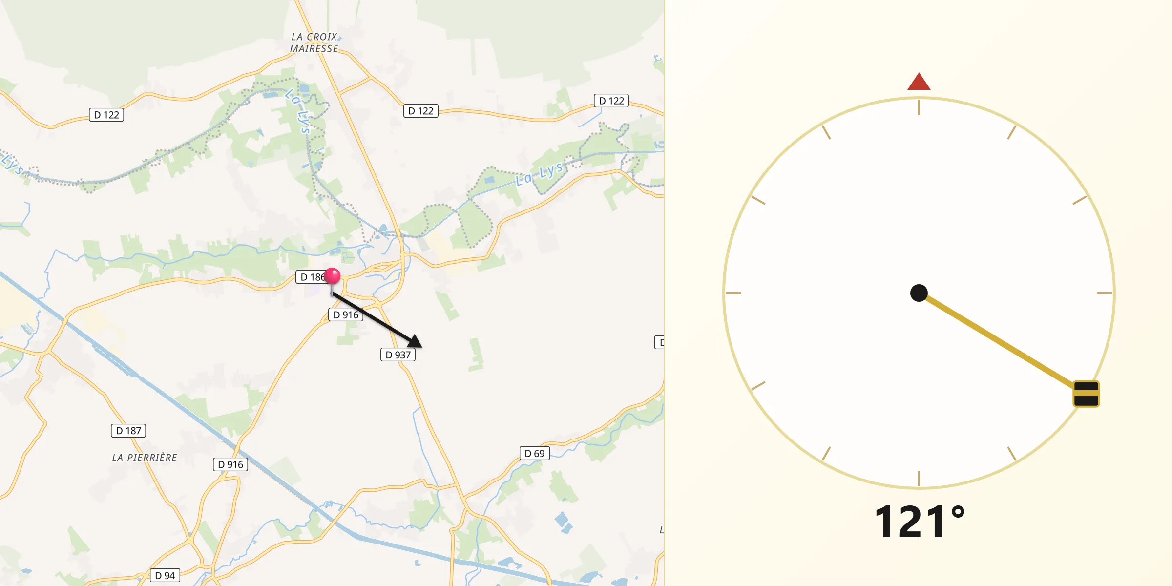 Direction vers la Qibla depuis Saint-Venant