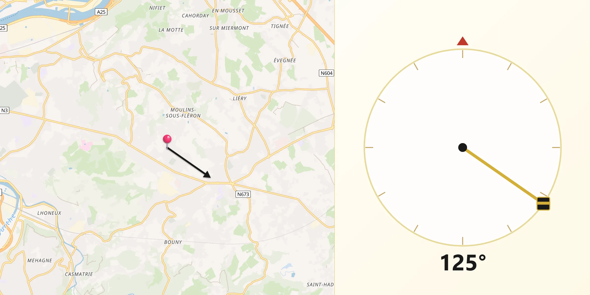 Direction vers la Qibla depuis Beyne-Heusay