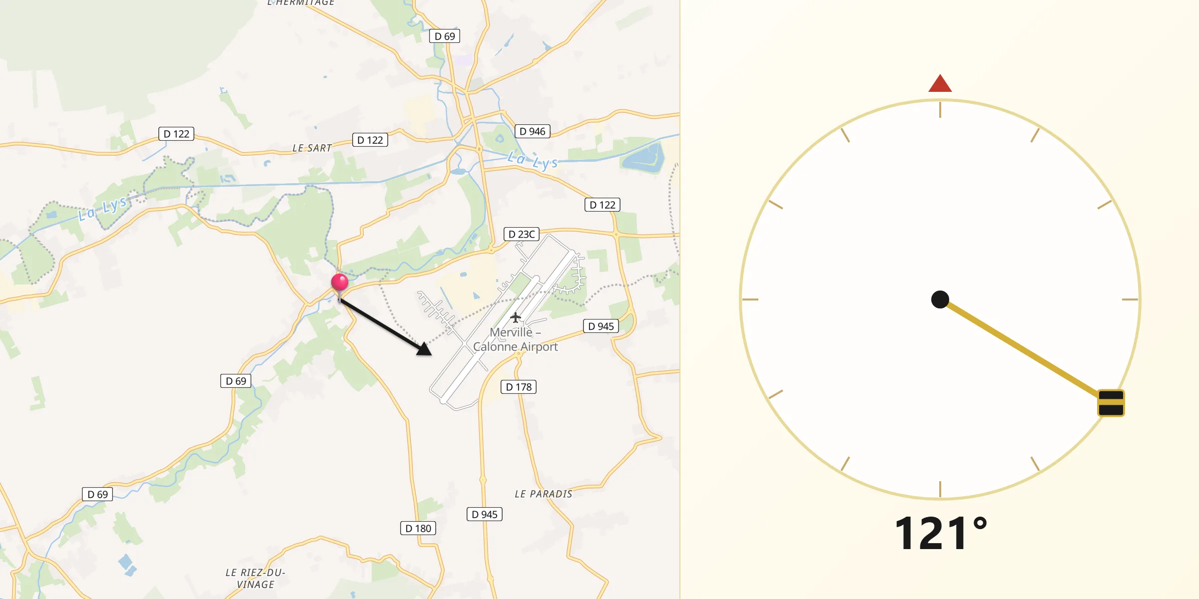 Direction vers la Qibla depuis Calonne-sur-la-Lys