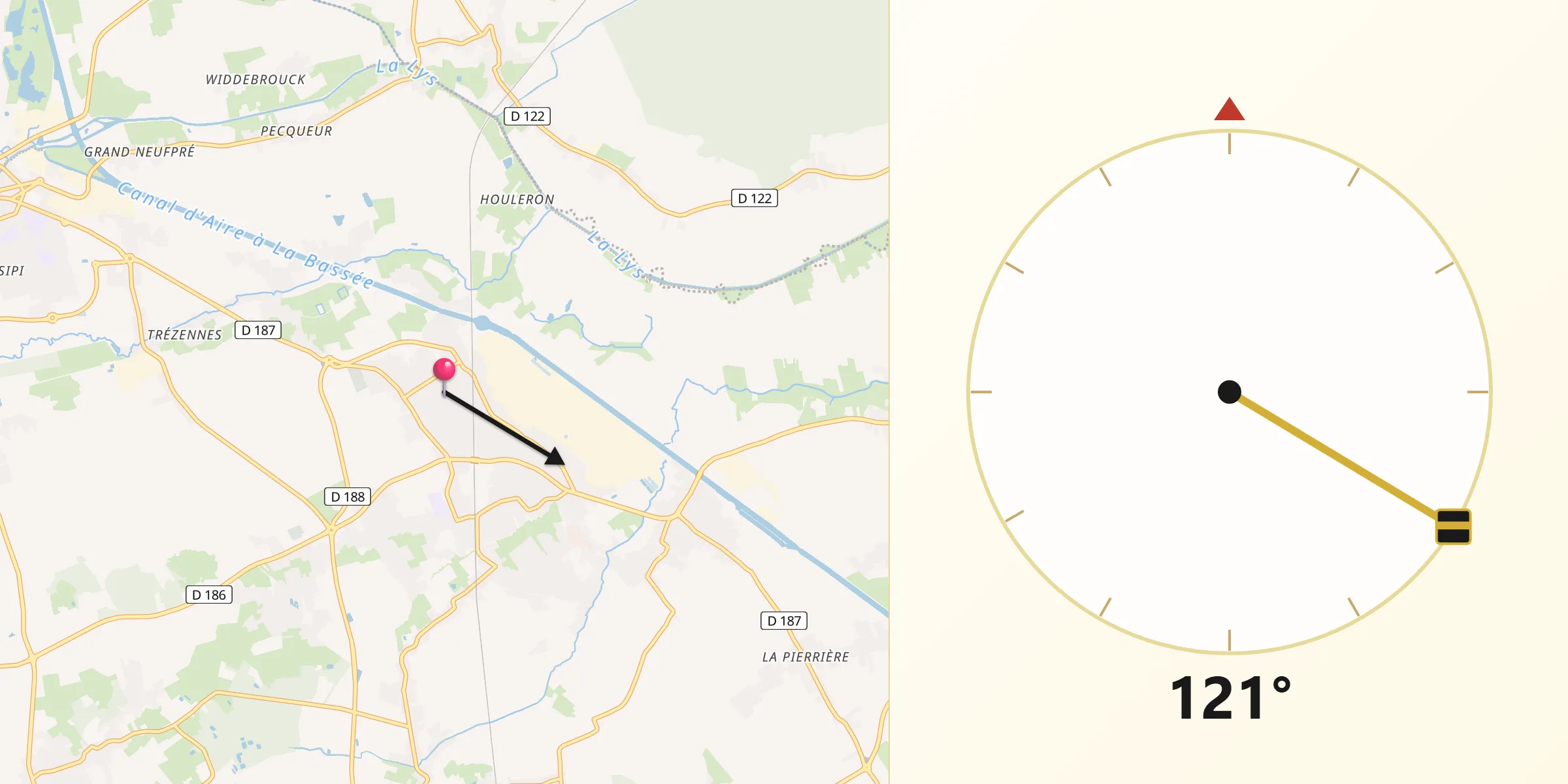 Direction vers la Qibla depuis Isbergues